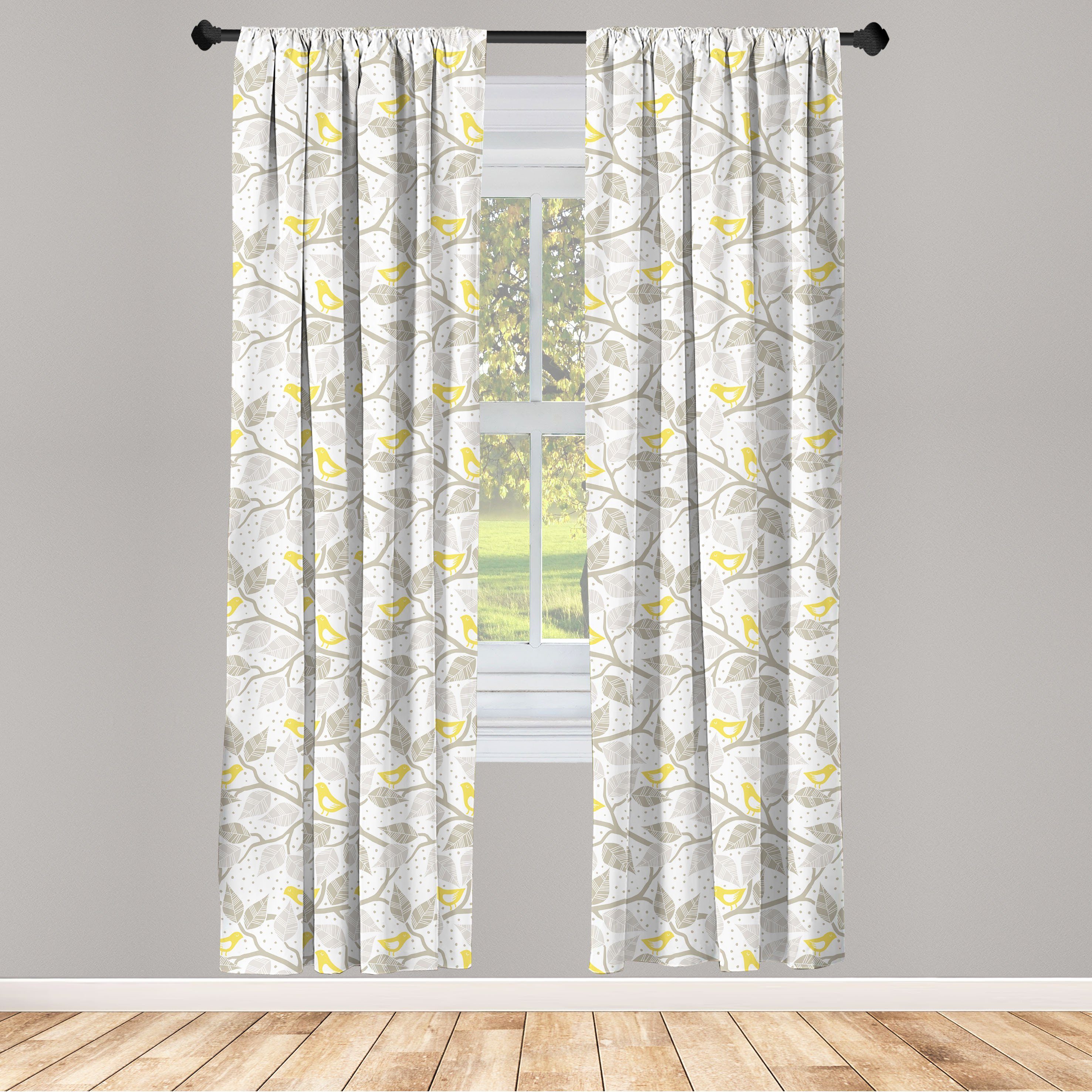 Gardine Vorhang für Wohnzimmer Schlafzimmer Dekor, Abakuhaus, Microfaser, Grau und Gelb Baum und Vögel