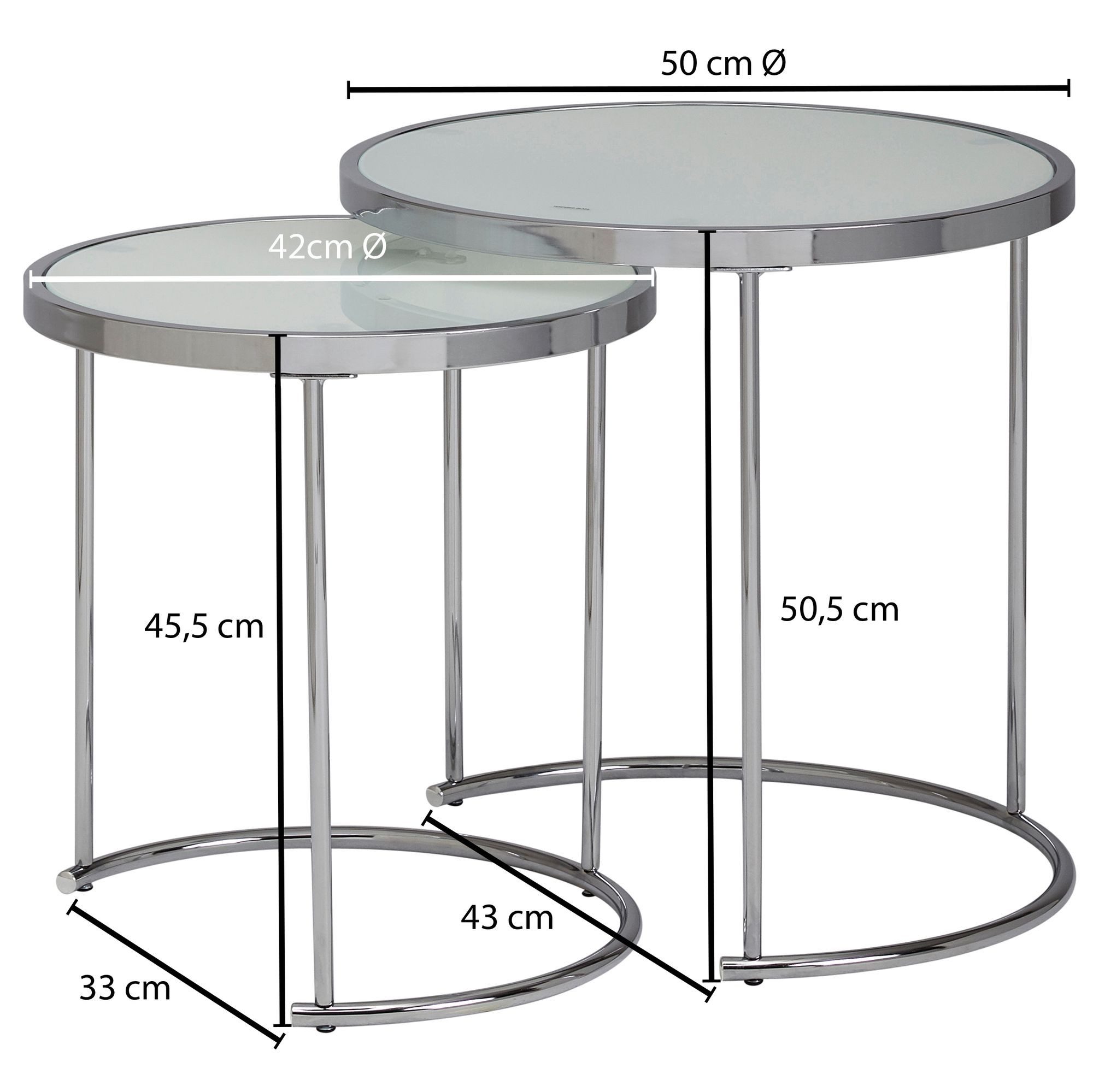 FINEBUY Beistelltisch FB53075 2tlg Rund Wohnzimmertisch Weiß Glas Couchtisch Silber (Rund Ø 50/42 cm - 2 teilig Silber mit Glasplatte), Wohnzimmertisch 2er Set, Satztisch Milchglas