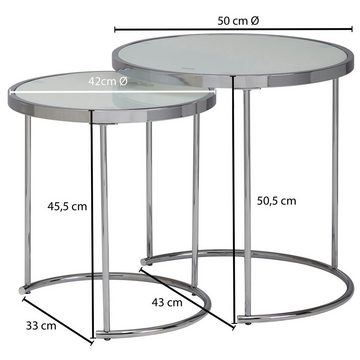 Wohnling Beistelltisch WL5.986 (Rund Ø 50/42 cm - 2 teilig Silber mit Glasplatte), Wohnzimmertisch 2er Set, Satztisch Milchglas