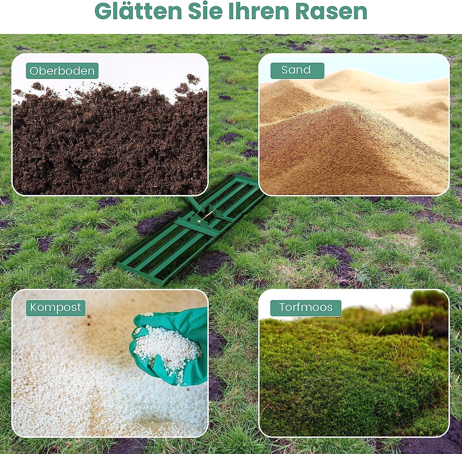 KOMFOTTEU Rasenrechen Nivellierrechen Gartenrechen, mit 170cm Griff, 91 x 25 cm