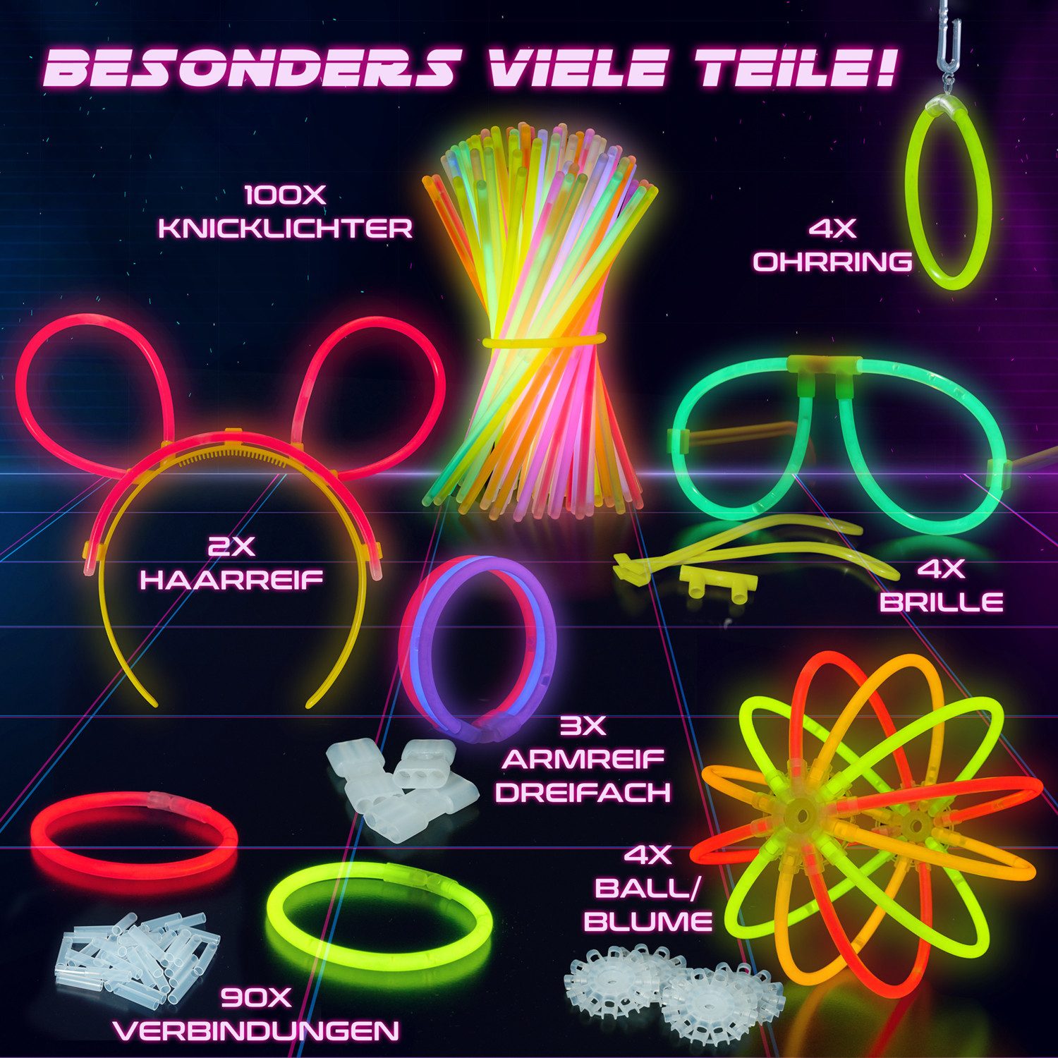 Vivaloo Knicklicht Party Set 7 Farben inkl. Verbinder, Silvester, Festival Ausrüstung, Neon Leuchtstäbe