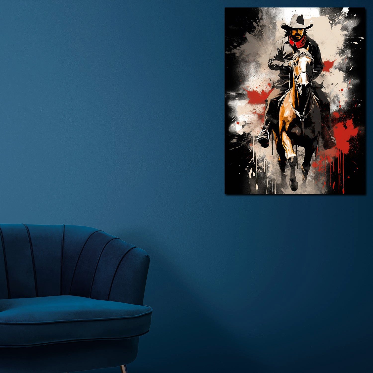 Artedinoi Leinwandbild Western Cowboy auf Pferd Dark Style Leinwandbild Wandbild XXL, Cowboy auf Pferd, dunkel