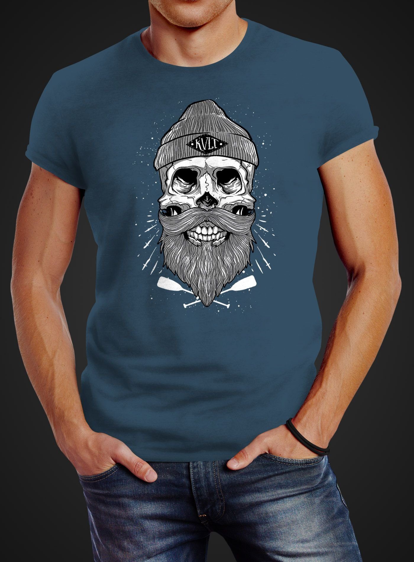 Totenkopf Neverless blau T-Shirt Herren Print Fit Captain Slim Bart Print-Shirt Beard Kapitän Neverless® mit Skull