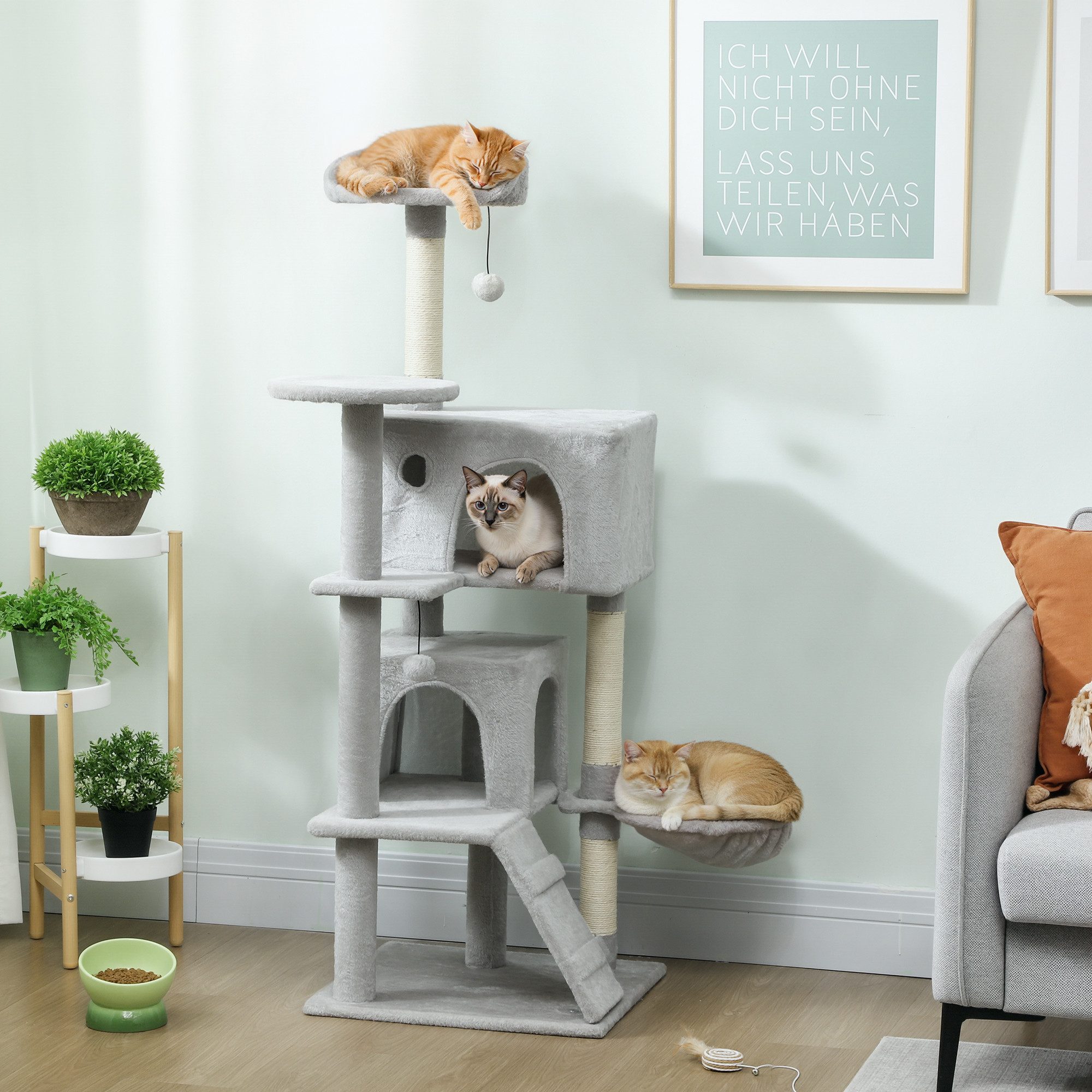PawHut Kratzbaum Katzenbaum mit 2 Höhlen und Katzenkratzbaum mit Sisal-Stämmen, Geeignet für 1-3 Katzen bis 5 kg, Hellgrau