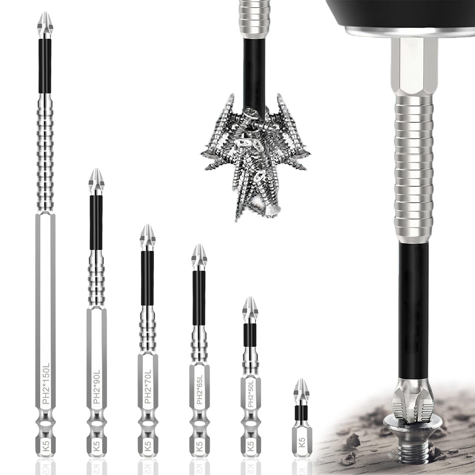 Bundviel Bit-Set Kreuzschlitz-Bit PH2 S2 Bit 25-150mm K5 Magnetisch Anti-Rutsch Bits, Set, 6-St., Magnetisch