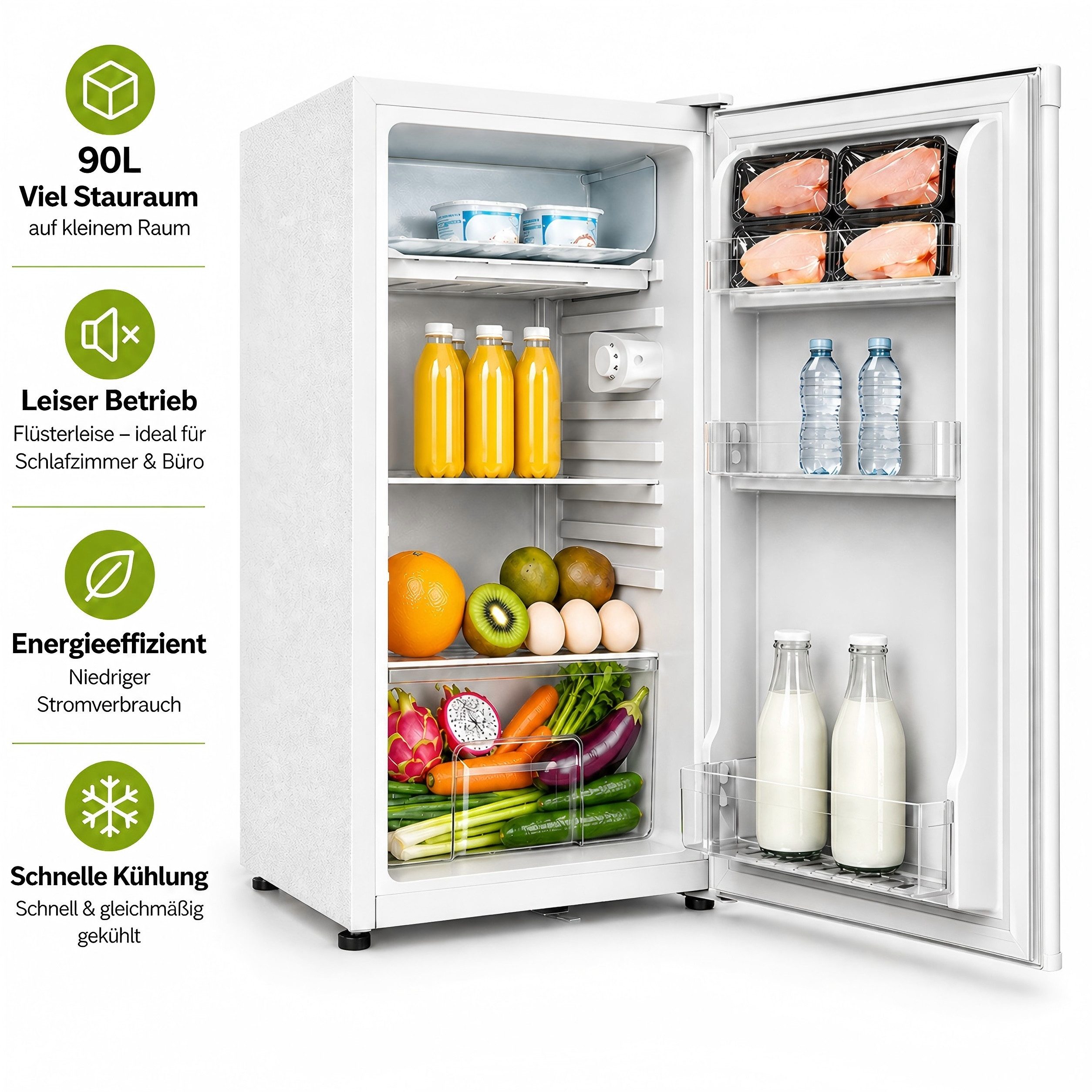 WELLENT Kühlschrank 90L Mini Kühlschrank mit Gefrierfach & Schloss, 3 Ablagen verstellbar,Türanschlag wechselbar BC-90, leise,stromsparend Kühlschrank ideal für Büro, Wohnzimmer, Camping