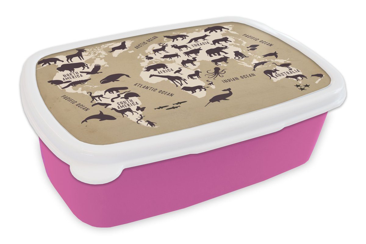 MuchoWow Lunchbox Weltkarte - Tiere - Welt, Kunststoff, (2-tlg), Brotbox für Erwachsene, Brotdose Kinder, Snackbox, Mädchen, Kunststoff rosa
