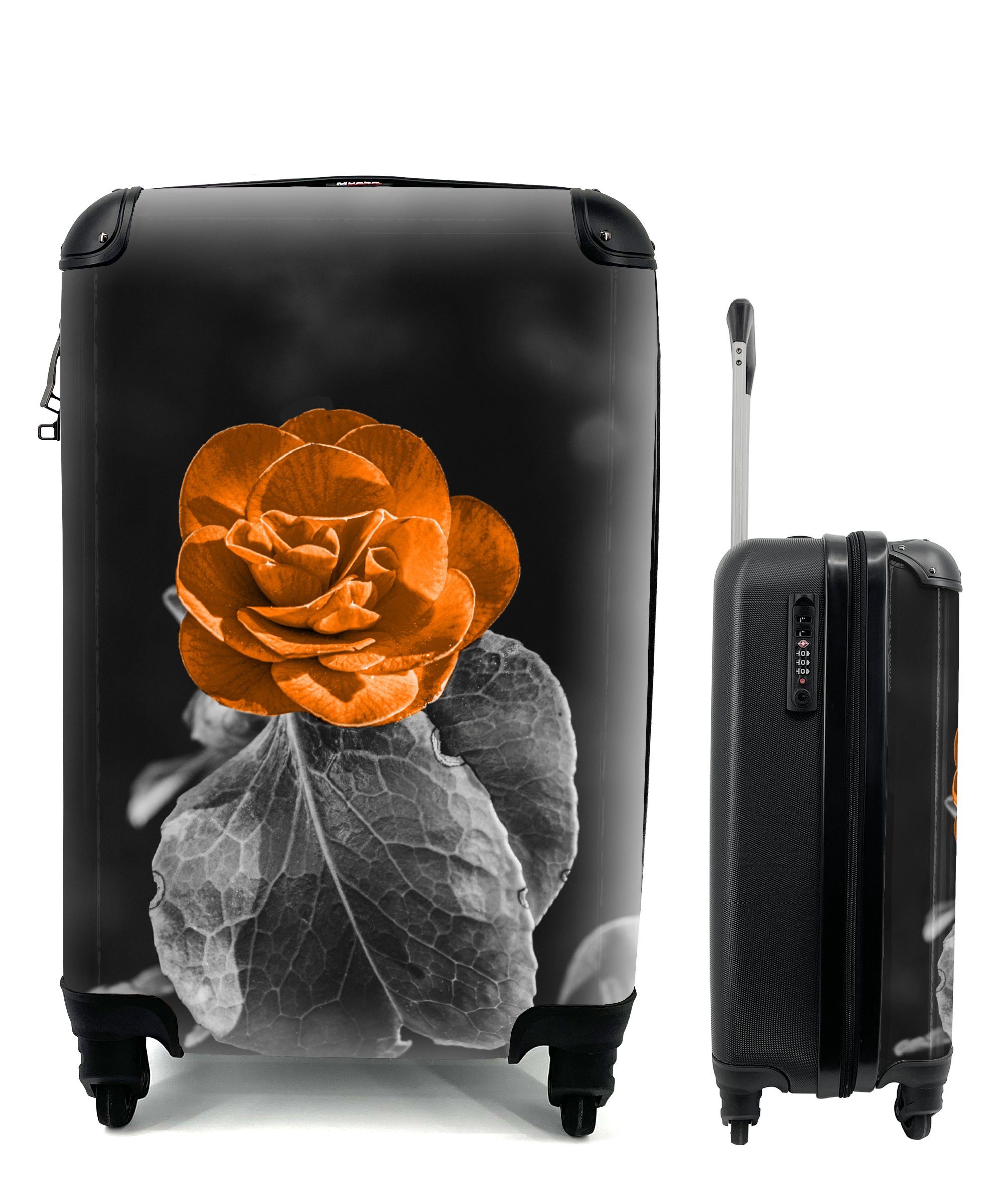 MuchoWow Handgepäckkoffer Blumen - Rosen - Orange - Schwarz - Weiß, 4 Rollen, Reisetasche mit rollen, Handgepäck für Ferien, Trolley, Reisekoffer