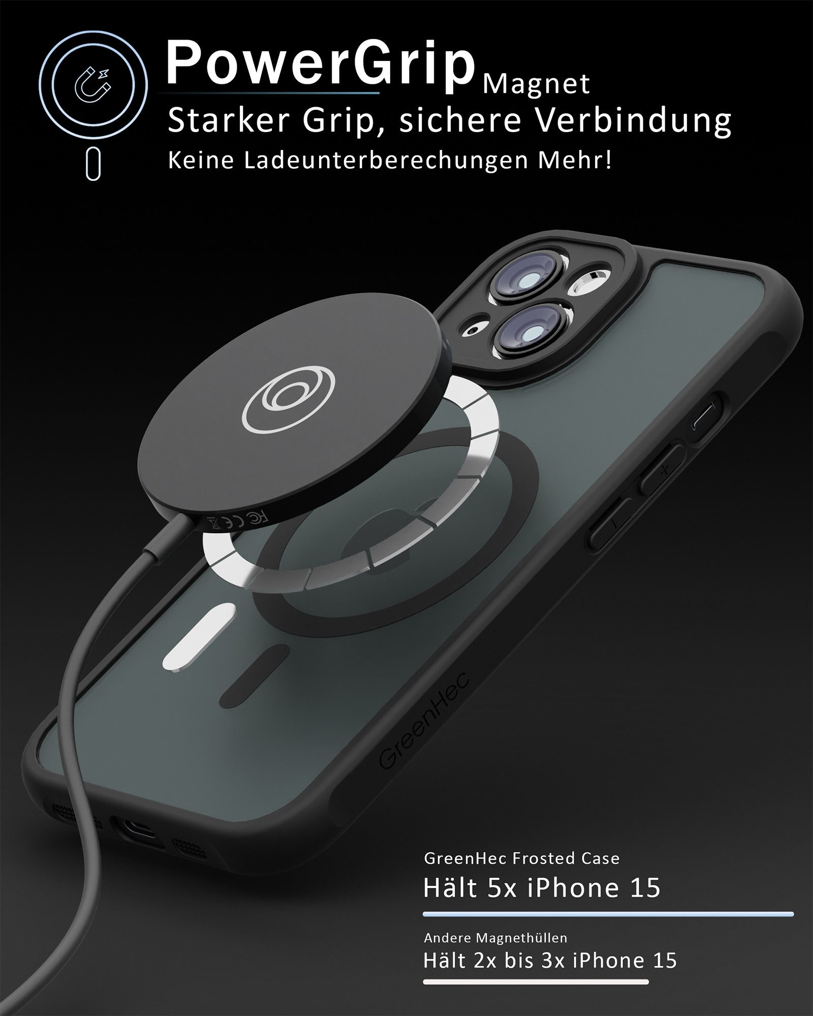 GreenHec Handyhülle Hülle iPhone 17 16 15 14 13 12 11 Pro Max 16e 17e Air MagSafe Magnetic 6.1 Zoll, Magnetisch Cover Schwarz Matt Black Case Bumper Schutzhülle Handyhülle