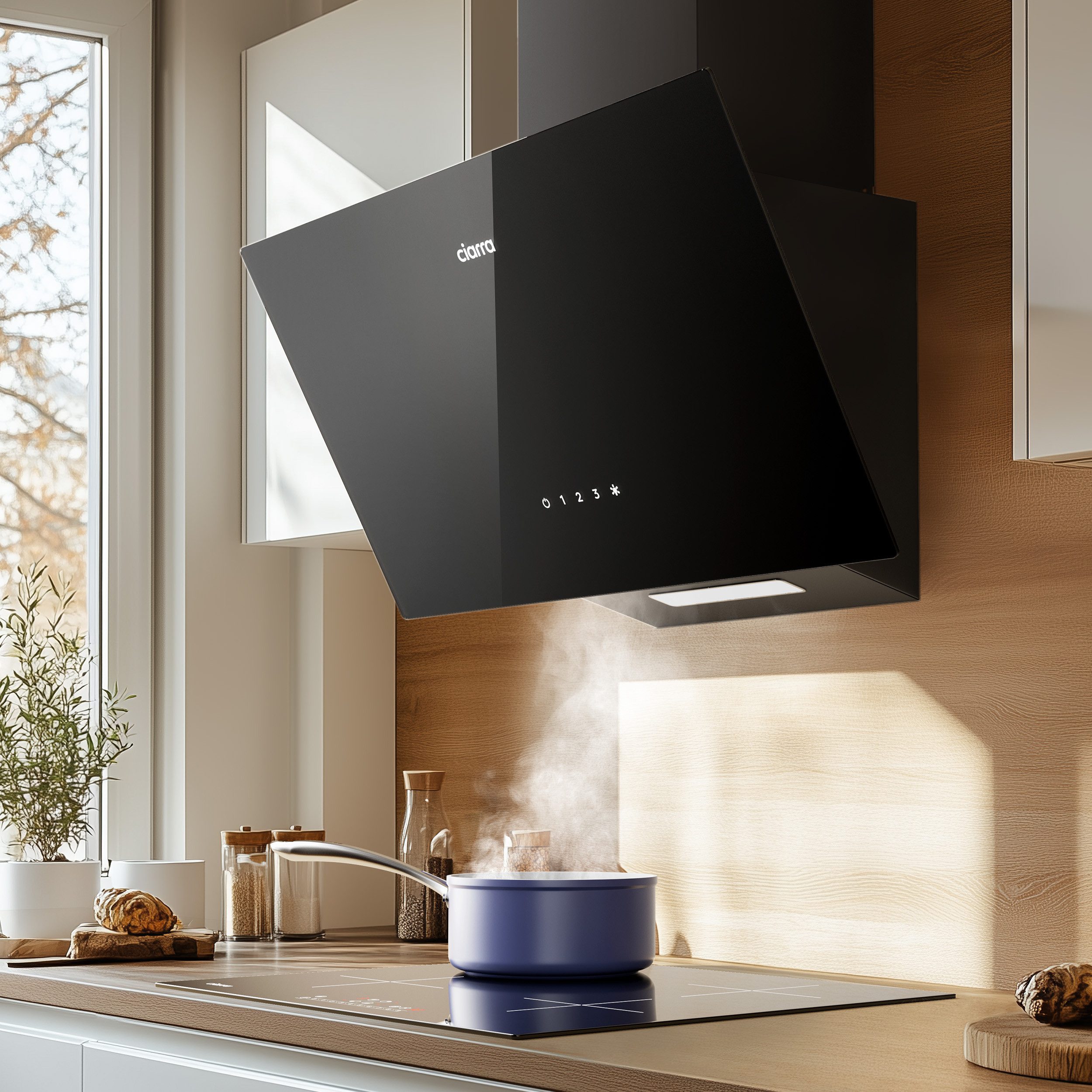 CIARRA Kopffreihaube 60 cm A++ 350m³/h Schräghaube leise Umluft & Abluft 3 Stufen VM6750CB 60 cm A++ 350m³/h Schräghaube leise Umluft & Abluft 3 Stufen VM6750CB, SensorTouch Kopffrei Dunstabzugshaube mit 2*Kohlefilter & LED Schwarz