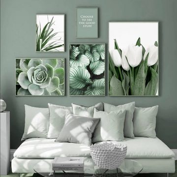 TPFLiving Kunstdruck (OHNE RAHMEN) Poster - Leinwand - Wandbild, Blumen und Blätter in 15 Motiven und 16 Größen zur Auswahl - (Auch in DIN A4, DIN A3 und DIN A2), Farben: Grün und Weis - Größe: 10x15cm