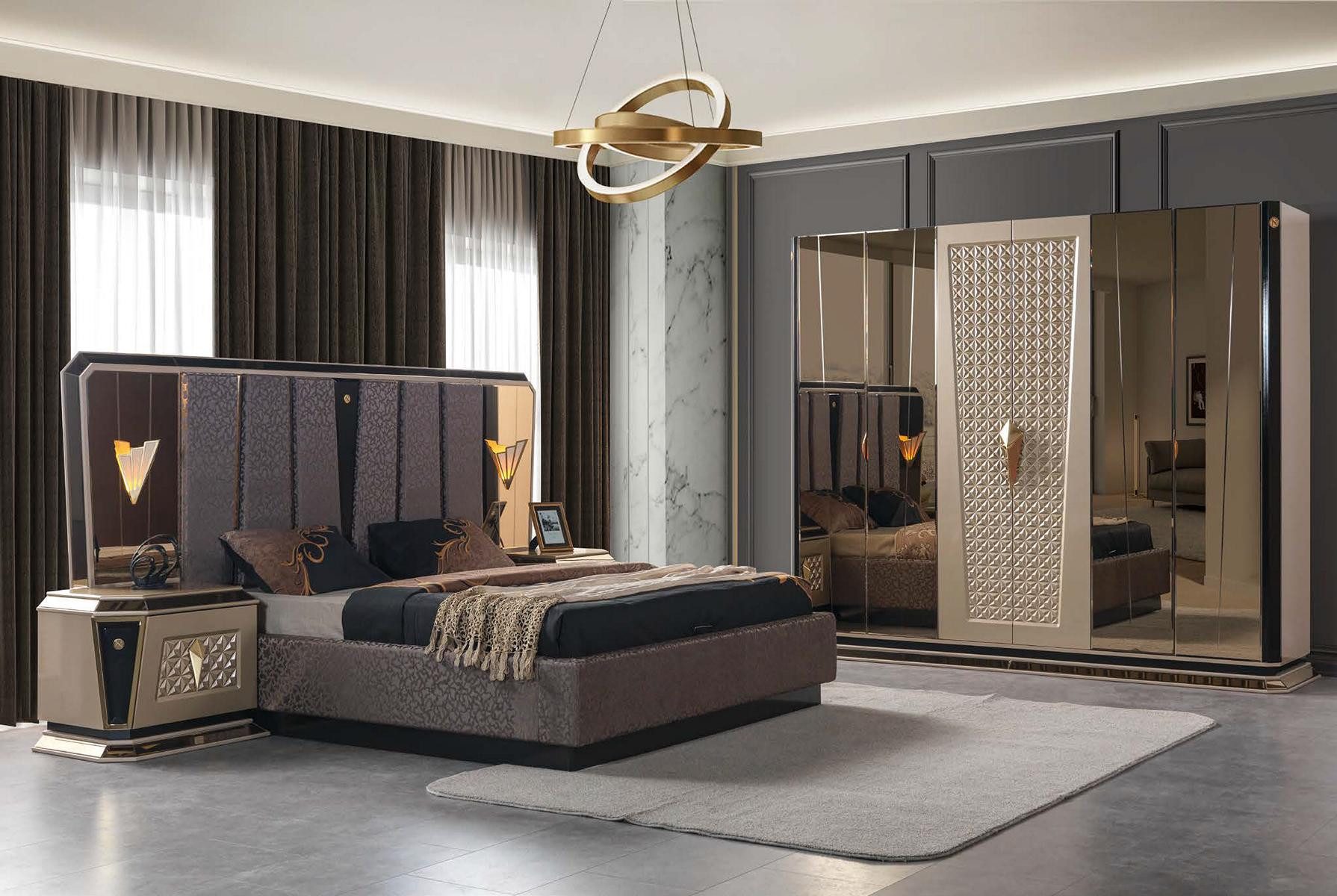 JVmoebel Kleiderschrank Schlafzimmer goldenes Bett beiger Kleiderschrank Textilien moderner Made in Europa