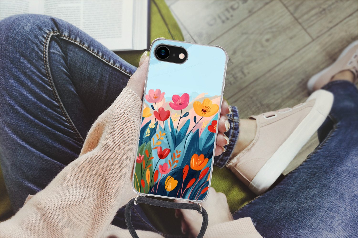 MuchoWow Handyhülle für Apple iPhone 8 Illustration - Blumen - Farbenfroh, Tragbare Handyhüllen mit Kette zum umhängen, Handykette Handyband