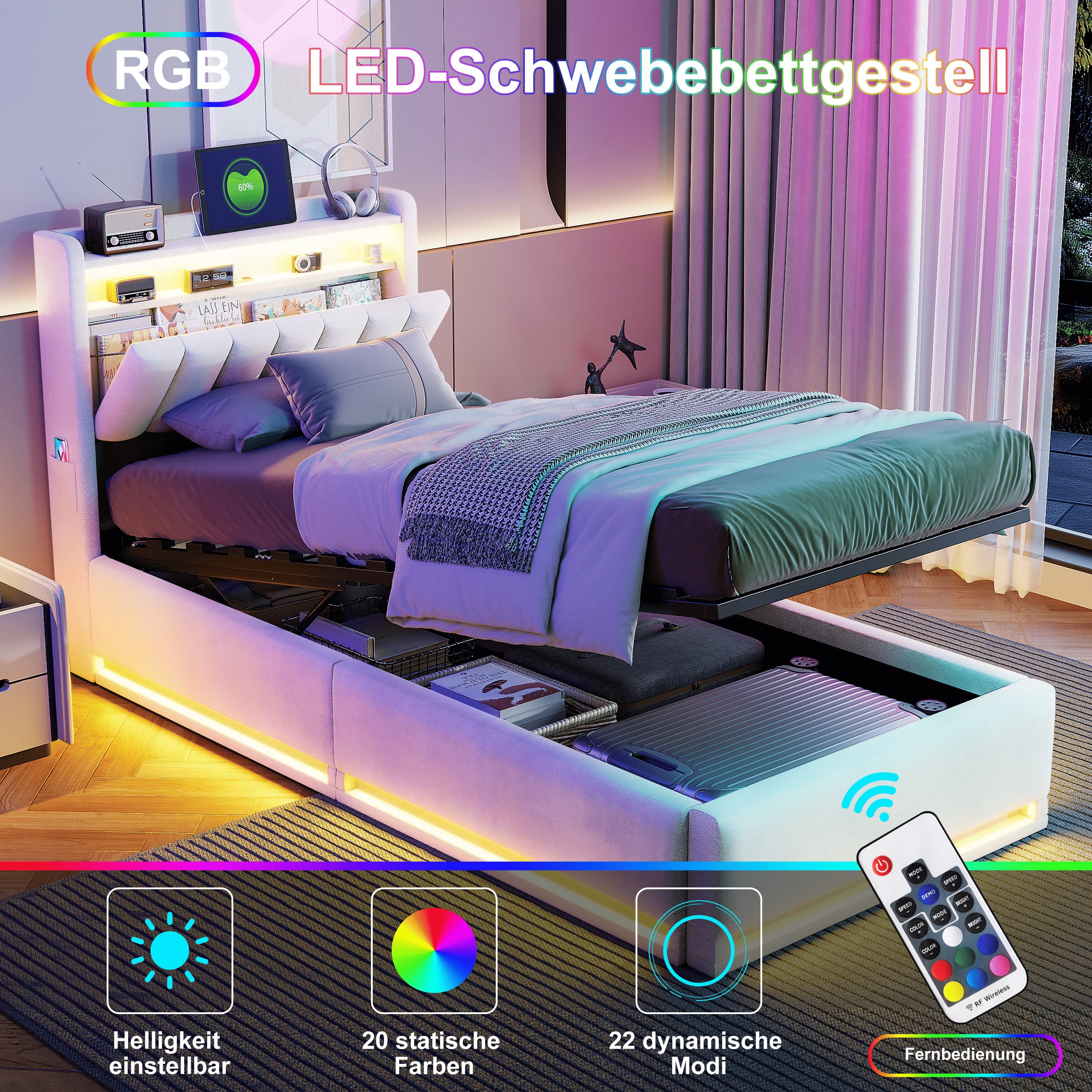 Simurq Stauraumbett Einzel‑Bettkasten 90x200, gepolstert aus Samt, mit Stauraum, LED, USB – Bild 5 von 5