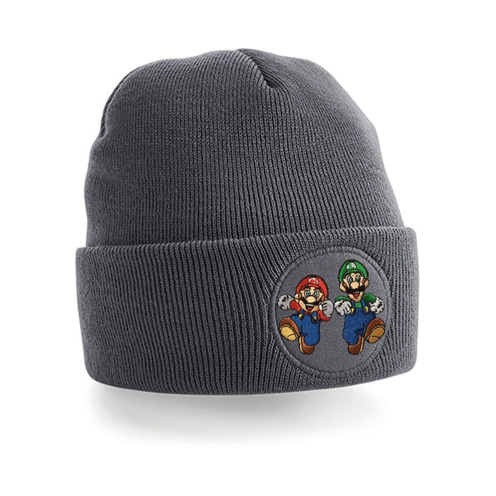 Blondie & Brownie Beanie Unisex Erwachsenen Mütze Mario und Luigi Stick Patch Super Nintendo Grau