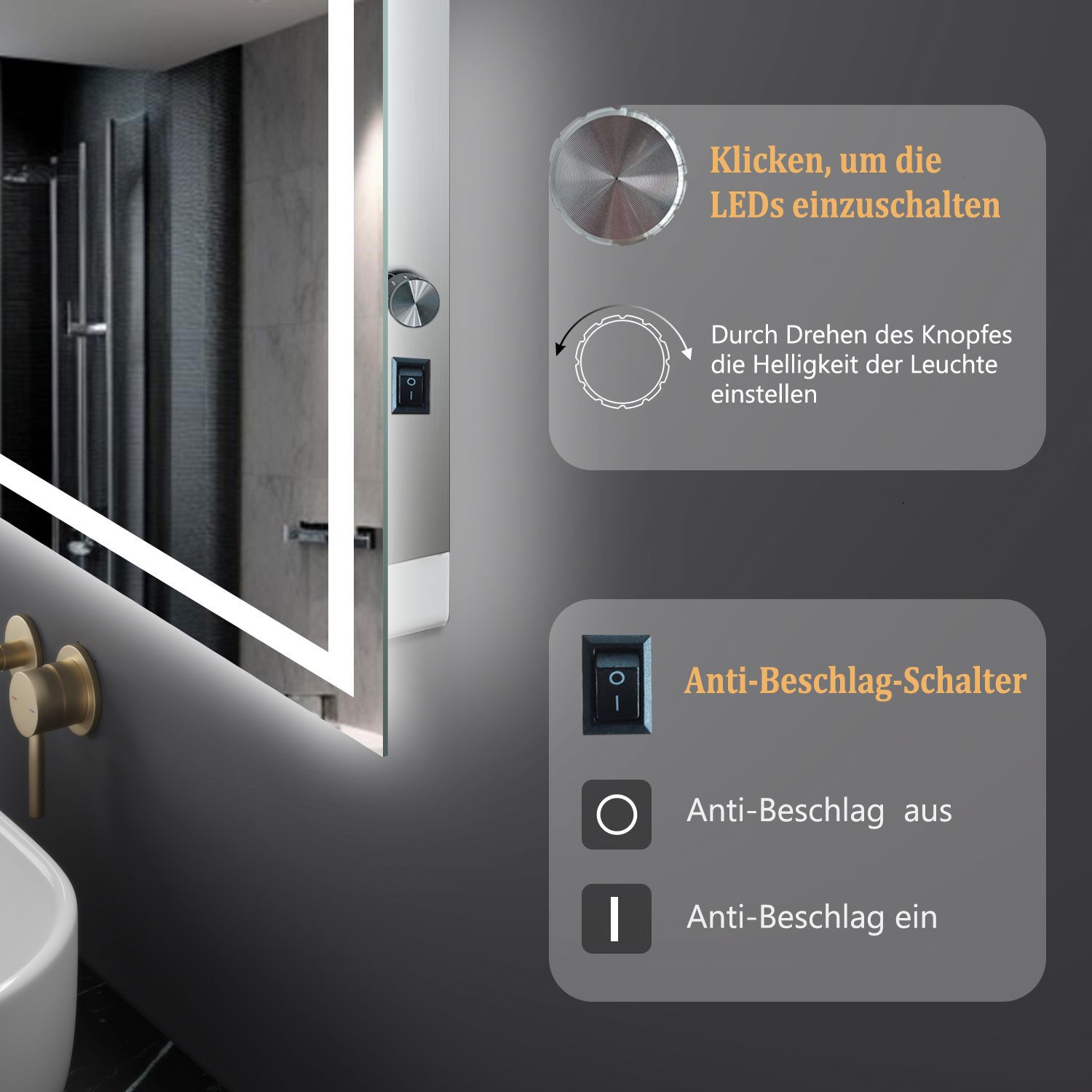 Aica Sanitär Badspiegel Wandspiegel Badezimmerspiegel Lichtspiegel Antibeschlag Tastenschalter – Bild 5 von 5