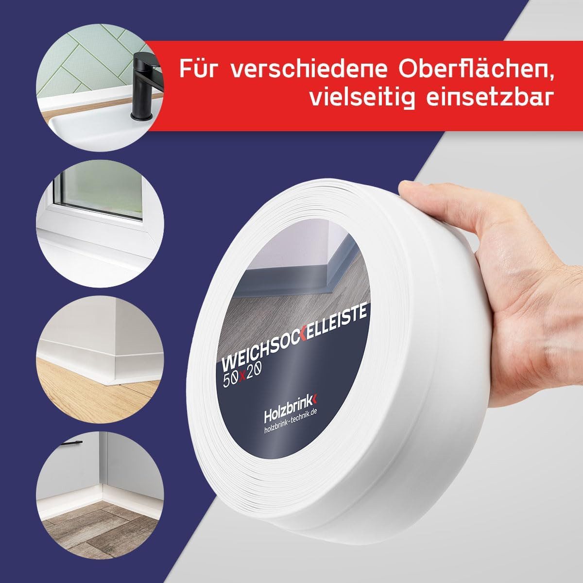HOLZBRINK Sockelleiste HOLZBRINK selbstklebend PVC 50x20mm, 1 m, L: 100 cm, 1m Rolle, Küchenleiste Abschlussleiste für Badezimmer Farbe: Weiß – Bild 4 von 5