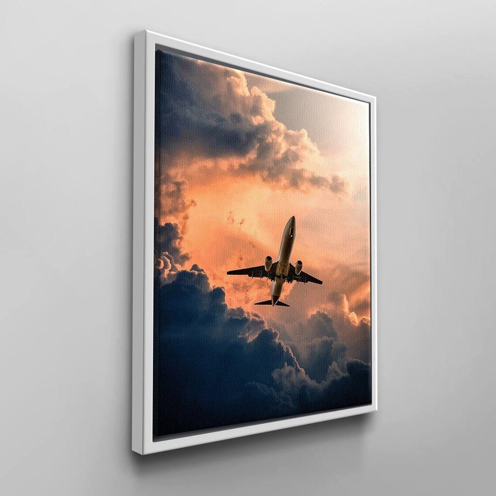DOTCOMCANVAS® Leinwandbild, Flugzeug Wandbild Sunnenuntergang bei ohne roten Rahmen