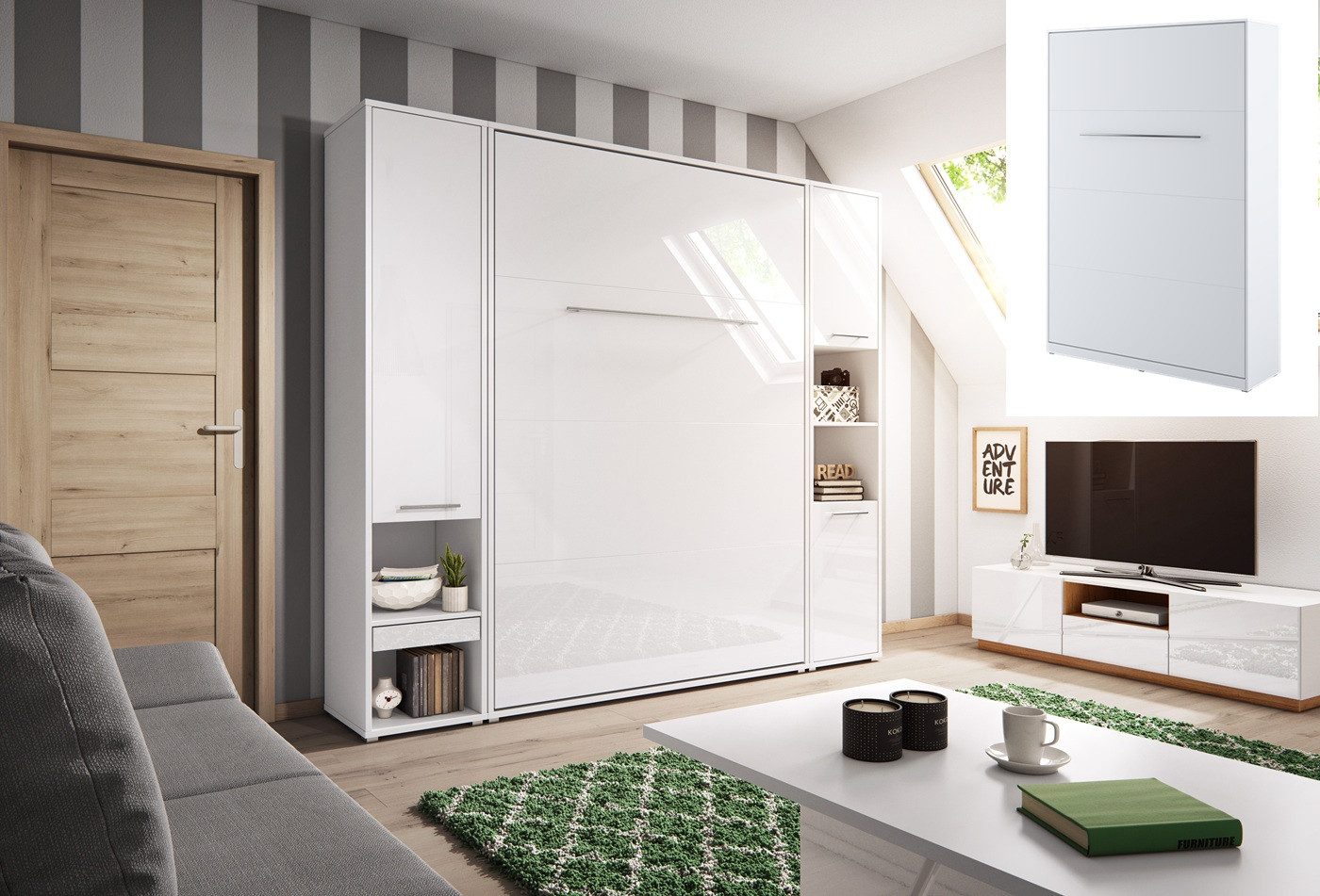 QMM TraumMöbel Schrankbett Wandbett 140x200 vertikal CP178 mit Lattenrost und 2 Regalen (Set, 3-St., Schrankbett & 2 Schränke) vertikal klappbar