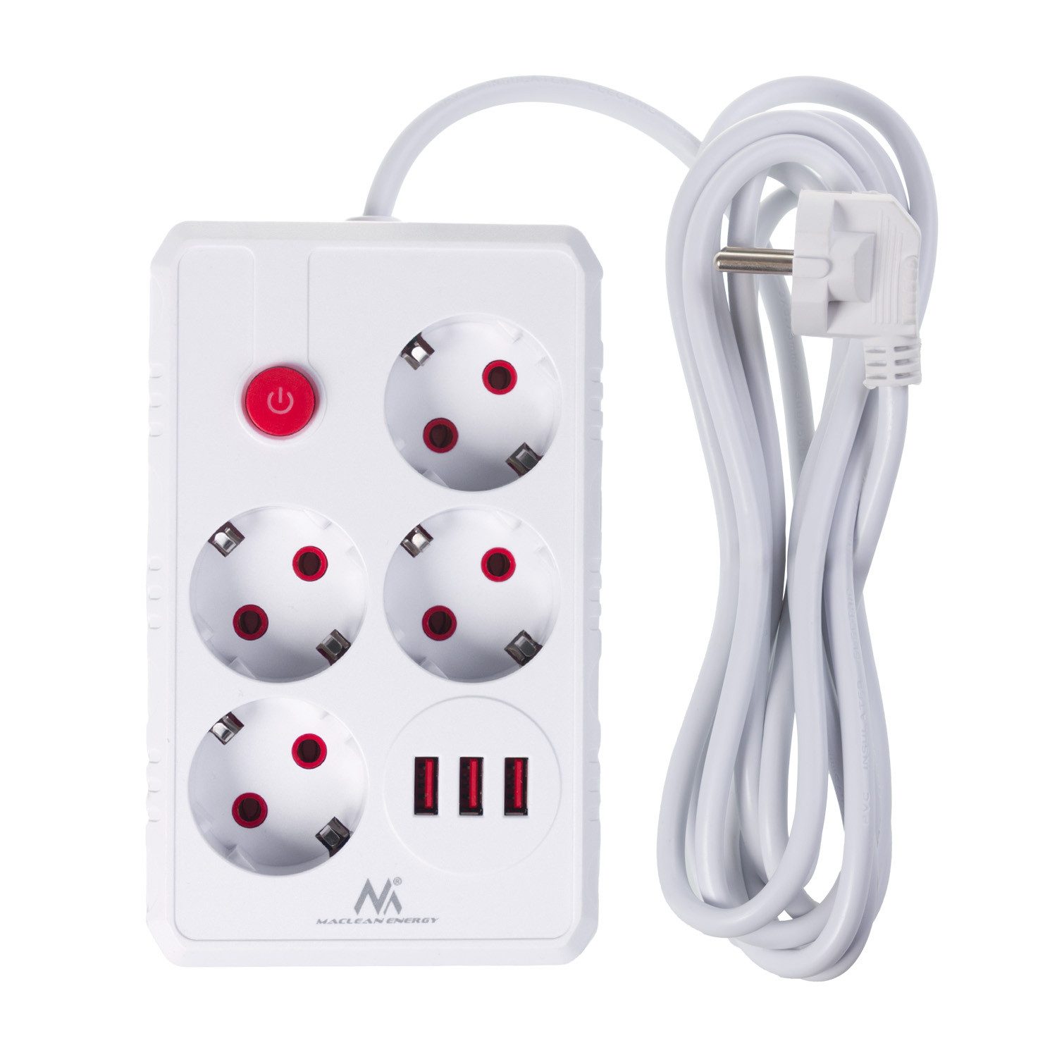 Maclean 4 Steckdosen 2500W 3xUSB Mehrfachsteckdose 4-fach (Kabellänge 3 m), 110-240V AC 50/60Hz, 2.1A – Bild 2 von 5