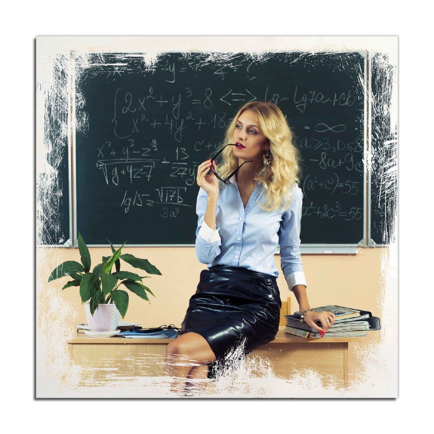 Wallario Holzbild, Sexy blonde Lehrerin in Schule vor Tafel mit langen Beinen und Brille, in verschiedenen Ausführungen