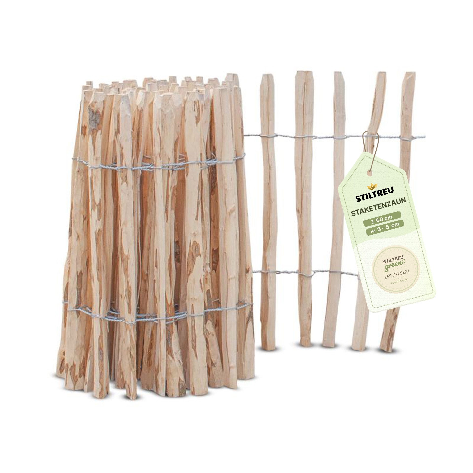 STILTREU Staketenzaun Staketenzaun Haselnuss - Höhe 60 cm, Länge 5 m, Lattenabstand 3-5 cm