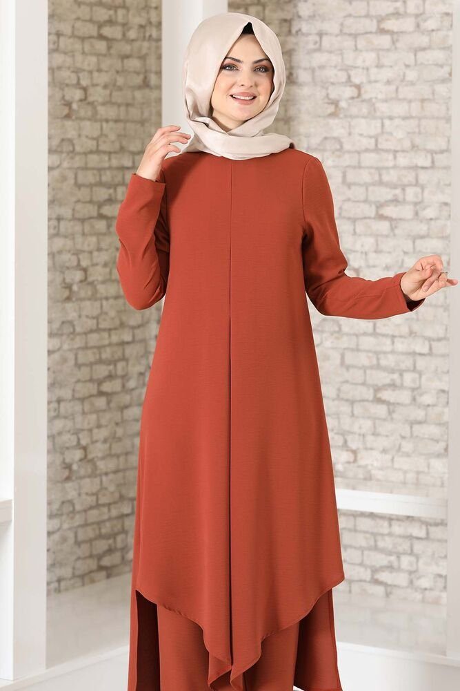 Modavitrini Longtunika Damen Anzug Zweiteiler Kleidung voll bedeckt Hose lange Ziegelstein-Rot mit Hijab Tunika