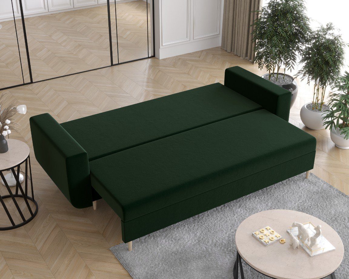 Schlafsofa, Schlaffunktion Dunkelgrün pressiode Sofa und COUCH DELFIN Bettkasten, mit