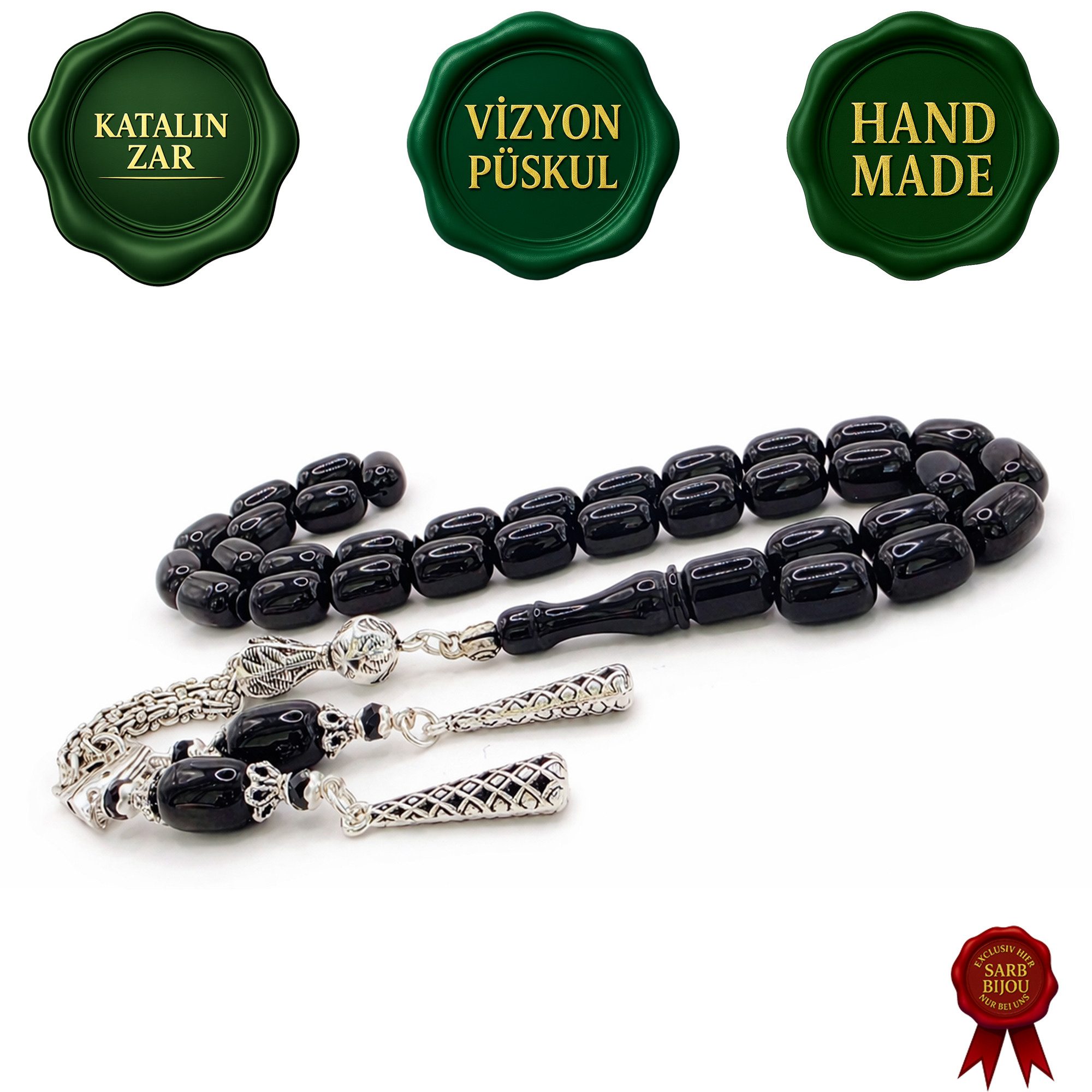 M-Punkt24 Kettenanhänger Tesbih Tesbih (8 x 12 mm, Kapsül/Capsule, Siyah / Schwarz), Gebetskette, Rosary, inkl. Etui, ! SONDERPREIS, DA PRODUKTNEUHEIT !