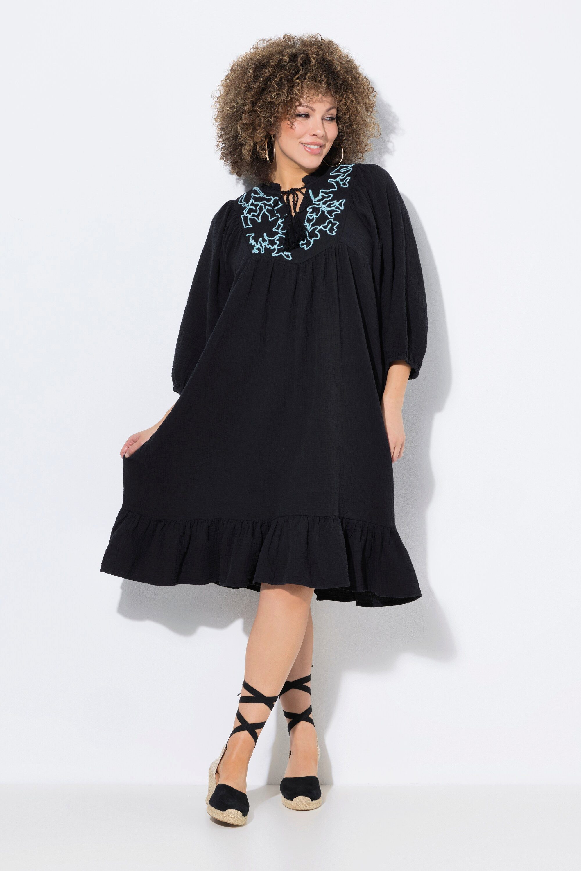 Ulla Popken Jerseykleid Musselin-Kleid Stickerei Tunika-Ausschnitt günstig online kaufen