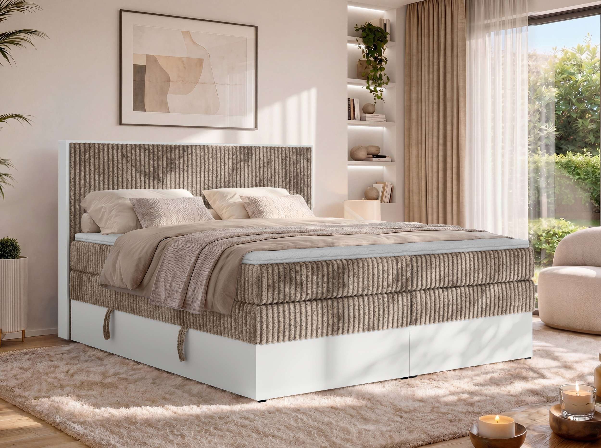 MKS MÖBEL Boxspringbett TRAVIT KING (mit Stauraum, Set, inkl. 2 Multipocket Matratzen und Topper (T25/Visco), Cord-Bezug), weiße Deko-Möbelplattenelementen, H3/H4, 140x200–200x200