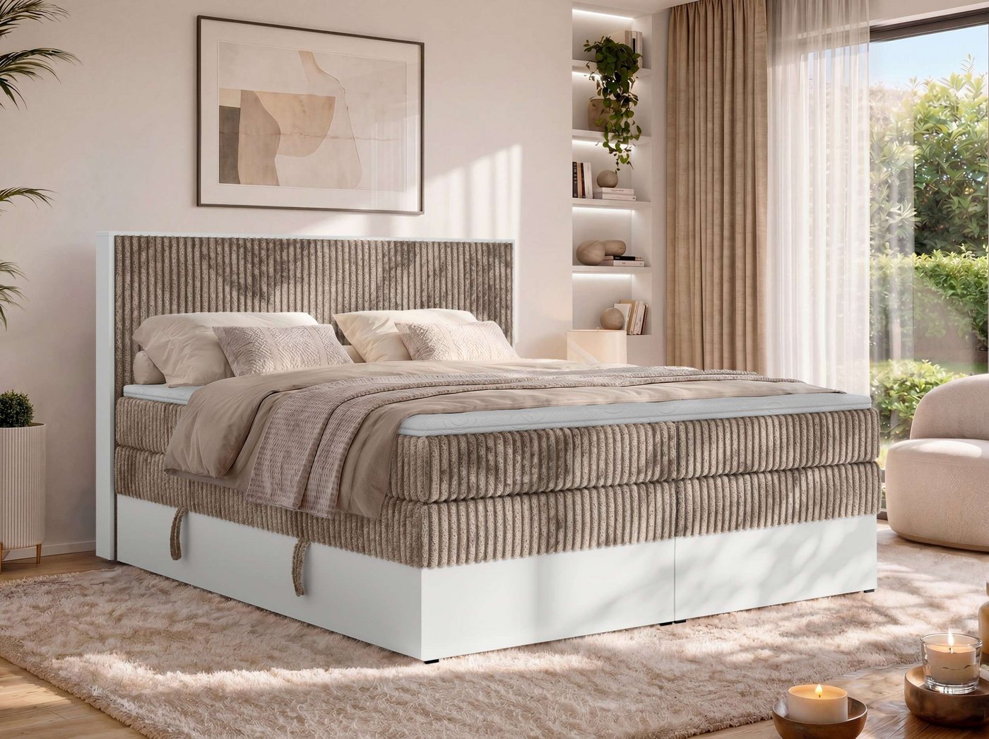 MKS MÖBEL Boxspringbett TRAVIT KING (mit Stauraum, Set, inkl. 2 Multipocket Matratzen und Topper (T25/Visco), Cord-Bezug), weiße Deko-Möbelplattenelementen, H3/H4, 140x200–200x200