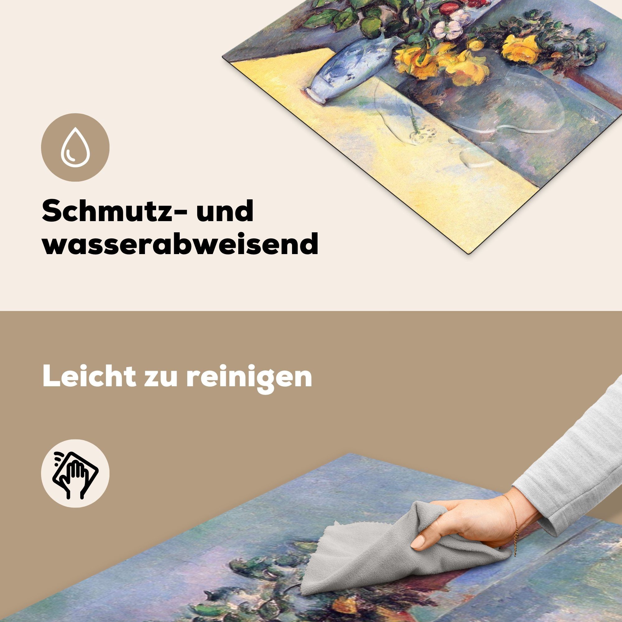nutzbar, MuchoWow mit Stilleben in Paul cm, einer Cézanne, Ceranfeldabdeckung Herdblende-/Abdeckplatte Vinyl, 60x52 Arbeitsfläche tlg), Blumen Gemälde (1 von Mobile - Vase