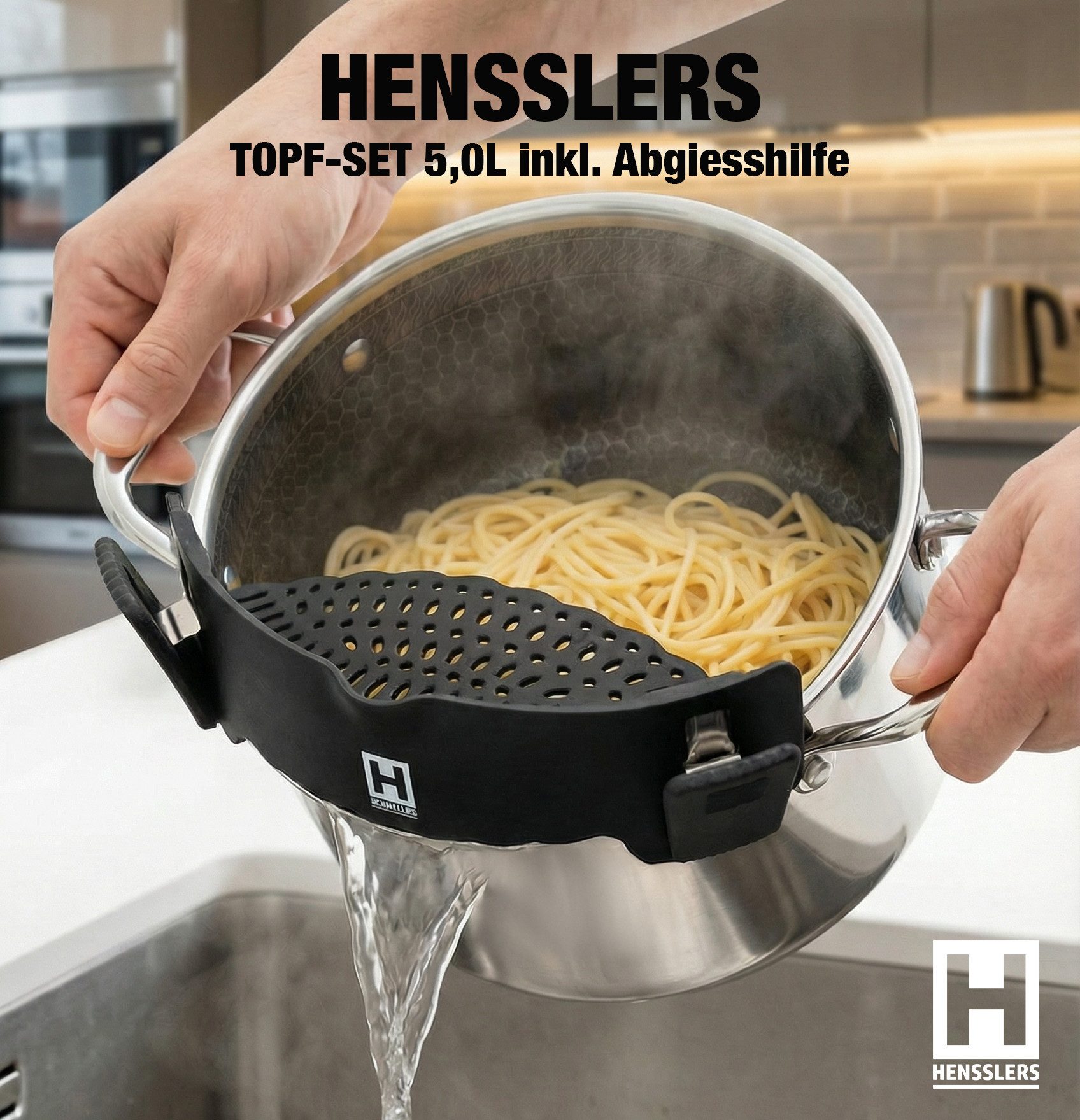 HENSSLERS Küchensieb Premium, Abgießhilfe, Edelstahl, (1-St), passend für alle runden Töpfe, Pfannen und Schüsseln
