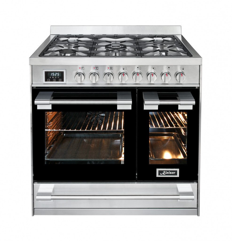 Kaiser Küchengeräte Gas-Standherd Gas Elektro Standherd 90 cm Edelstahl, Inox, Range Coocker+Edelstahl Dunstabzugshaube 90 cm HGE 93201 R+GCH F 461 IS 9, mit 1-fach-Teleskopauszug
