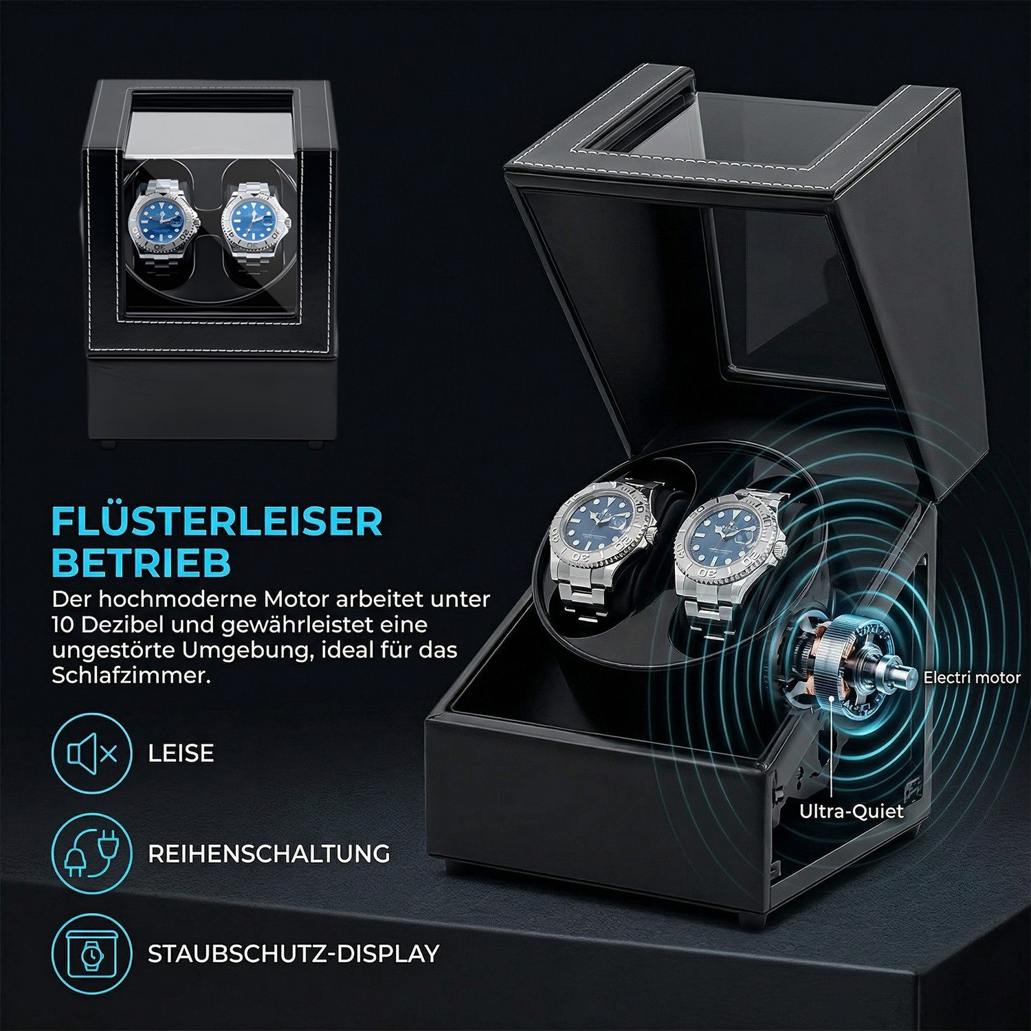 AKKEE Uhrenbeweger 2 Uhren Automatik Uhrenbeweger Box, Leiser Motor, Uhrenboxen, Uhrenkasten Uhrenbeweger 2 Uhr, USB-Ladekabel