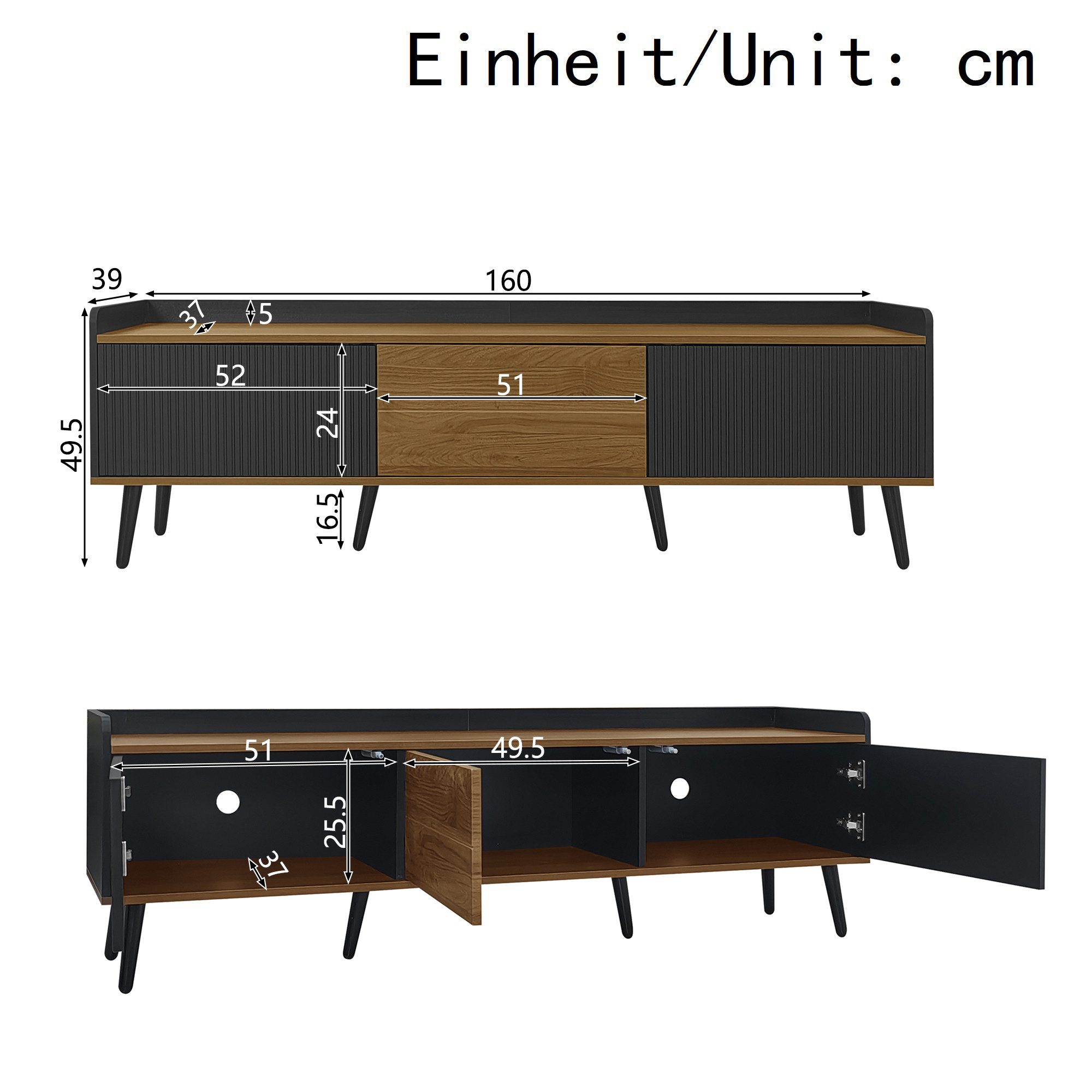 MODFU Lowboard mit großem Stauraum und erhöhter Oberkante (160 L x 39 W x 49,5 H, 1 St., Massivholzbeinen und Kippschutz), mit 3 kontrastierenden Türen