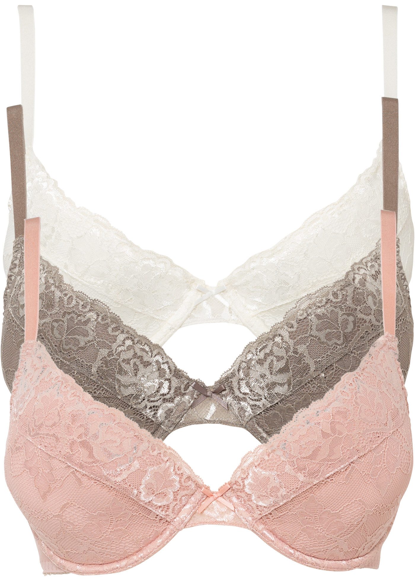 bonprix Push-up-BH (Packung, 3-tlg., 3er) leicht wattierte Cups, mit feinem Allover-Spitze, mit Baumwollfutter