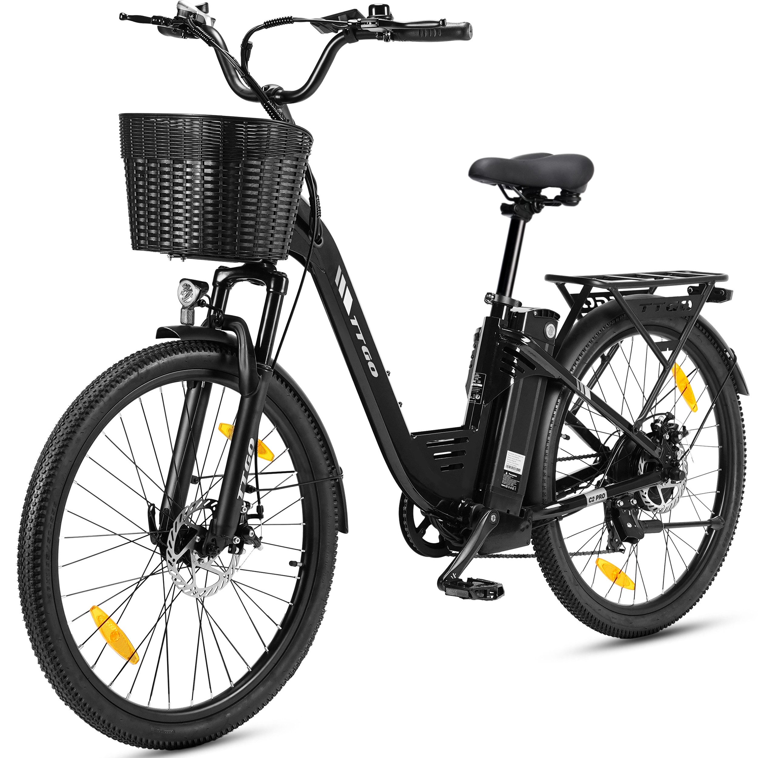 TTGO E-Bike Cityrad 26 Zoll, 648Wh, max. 120km, Federgabel, mit Frontkorb und Gepäckträger, 7 Gang SHIMANO, Kettenschaltung, Heckmotor, 648 Wh, (5 Stufen, Pedelec, bis zu 125kg, für ca. 160–185cm), Aluminiumrahmen, Tiefeinsteiger, Elektrofahrrad für Damen