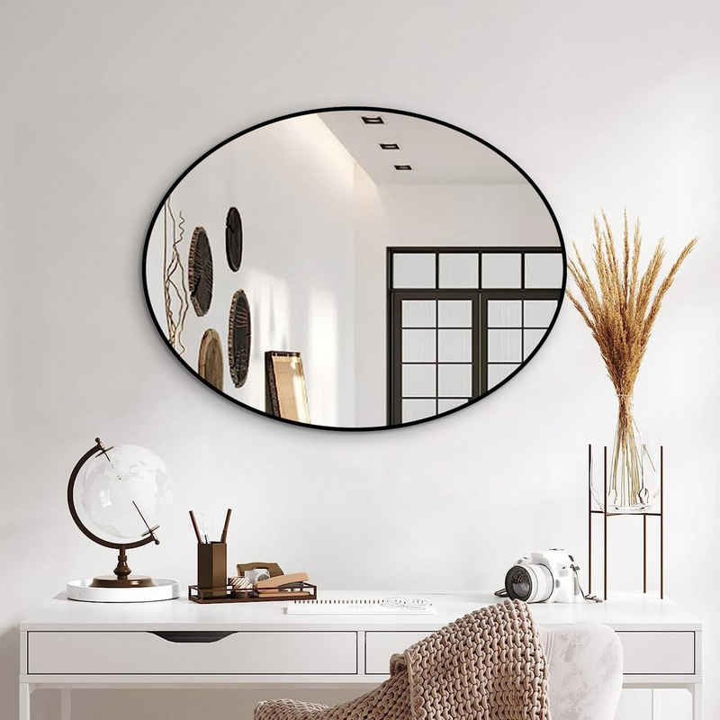 Boromal Spiegel Rund 80 cm Flur Schwarz Flurspiegel modern 80x60 Wandspiegel Alurahmen (Dekospiegel Oval Bleifreier Spiegel, explosionsgeschützt), für Wohnzimmer Schlafzimmer Badezimmer