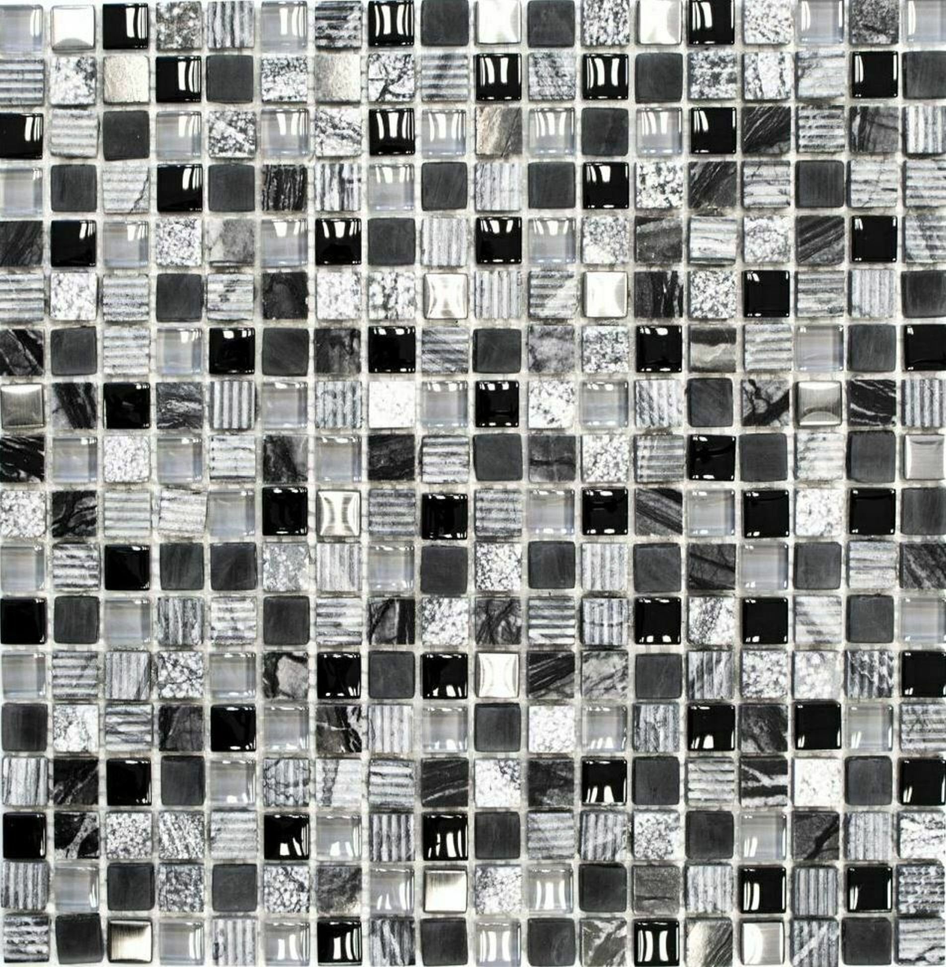 Naturstein Mosani Fliese schwarz Mosaikfliesen grau Mosaikfliese Glasmosaik