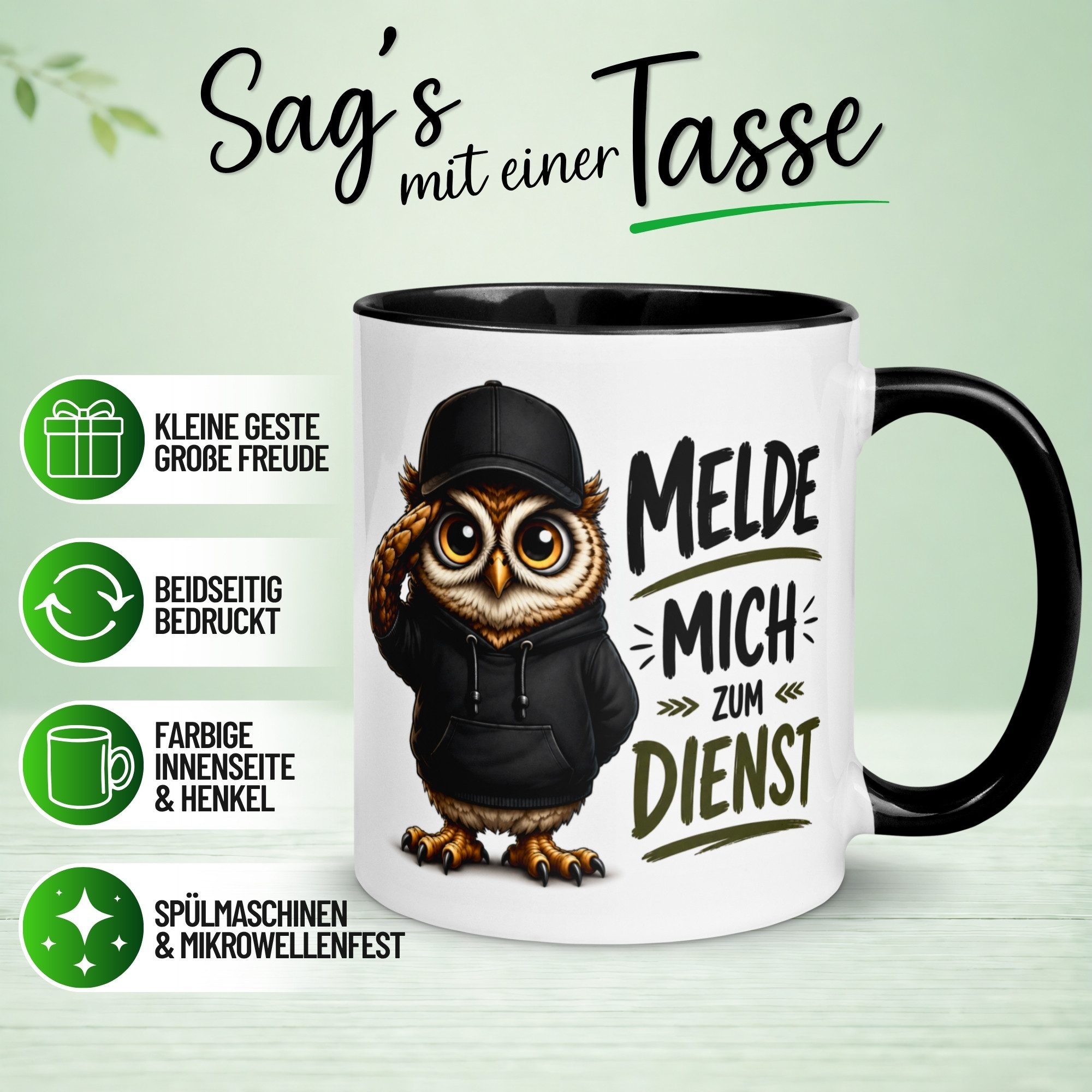 Momentals Tasse Eule – Melde mich zum Dienst – lustiges Eulen Geschenk Morgenmuffel, Gratis Versand · Links-&Rechtshänder · Spülmaschinenfest
