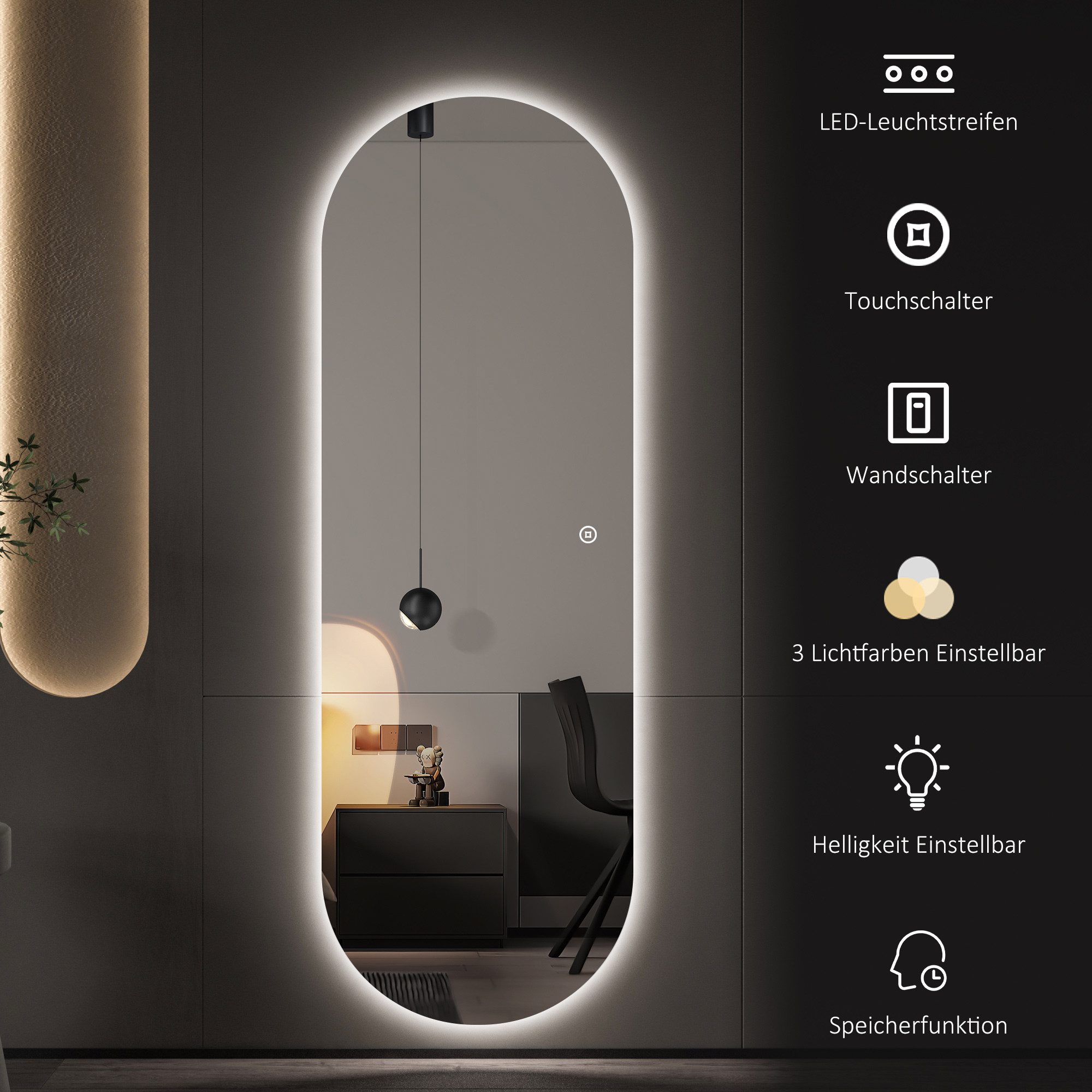 WDWRITTI Ganzkörperspiegel mit beleuchtung 165x60cm 3Lichtfarben Dimmbar Speicherfunktion (Wandspiegel Groß, 3000-6500K), für Flur Wohnzimmer Schlafzimmer Hotel