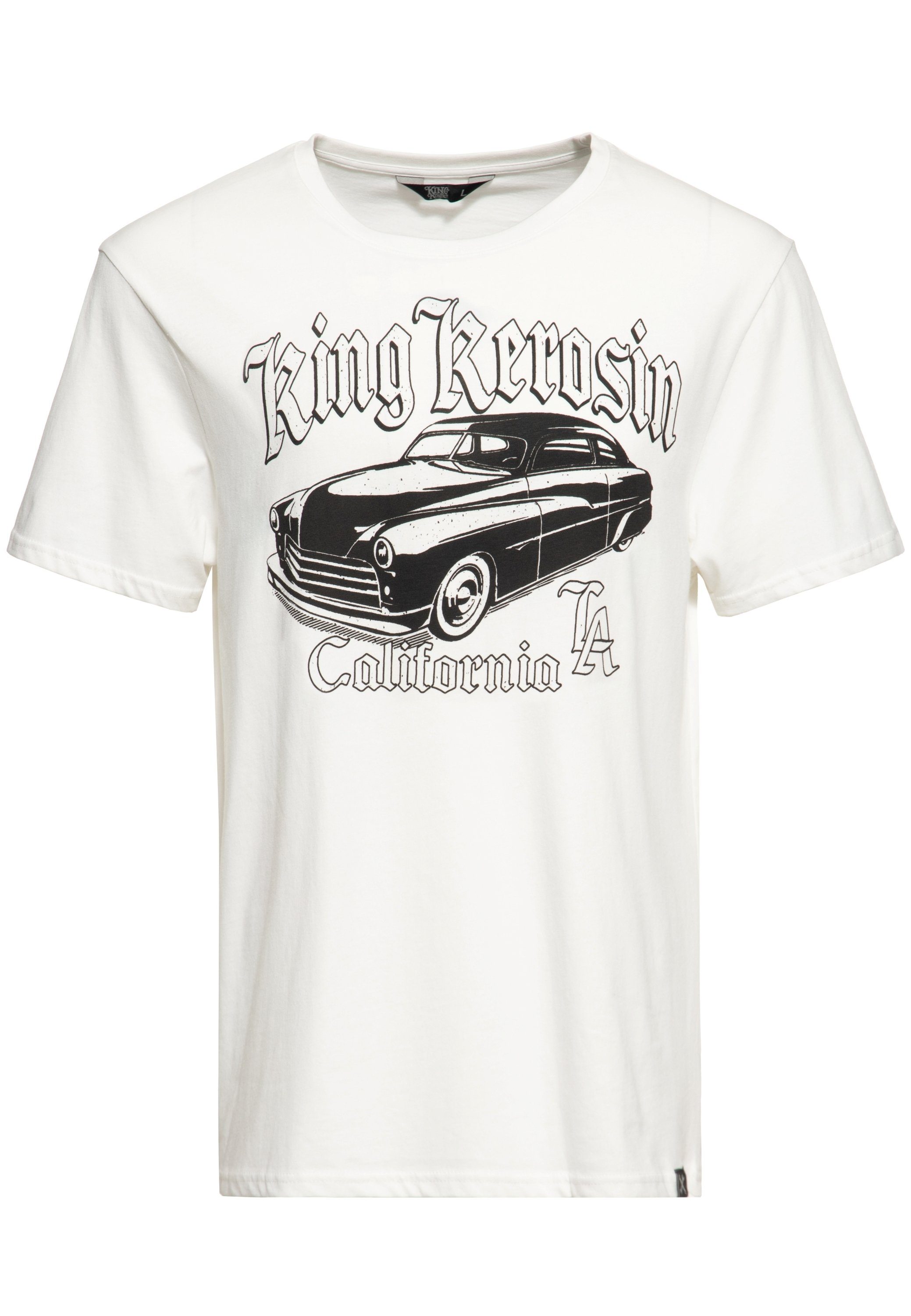 KingKerosin Print-Shirt California Greaser Print weiß Look Retro Front (1-tlg) Muscle-Car im