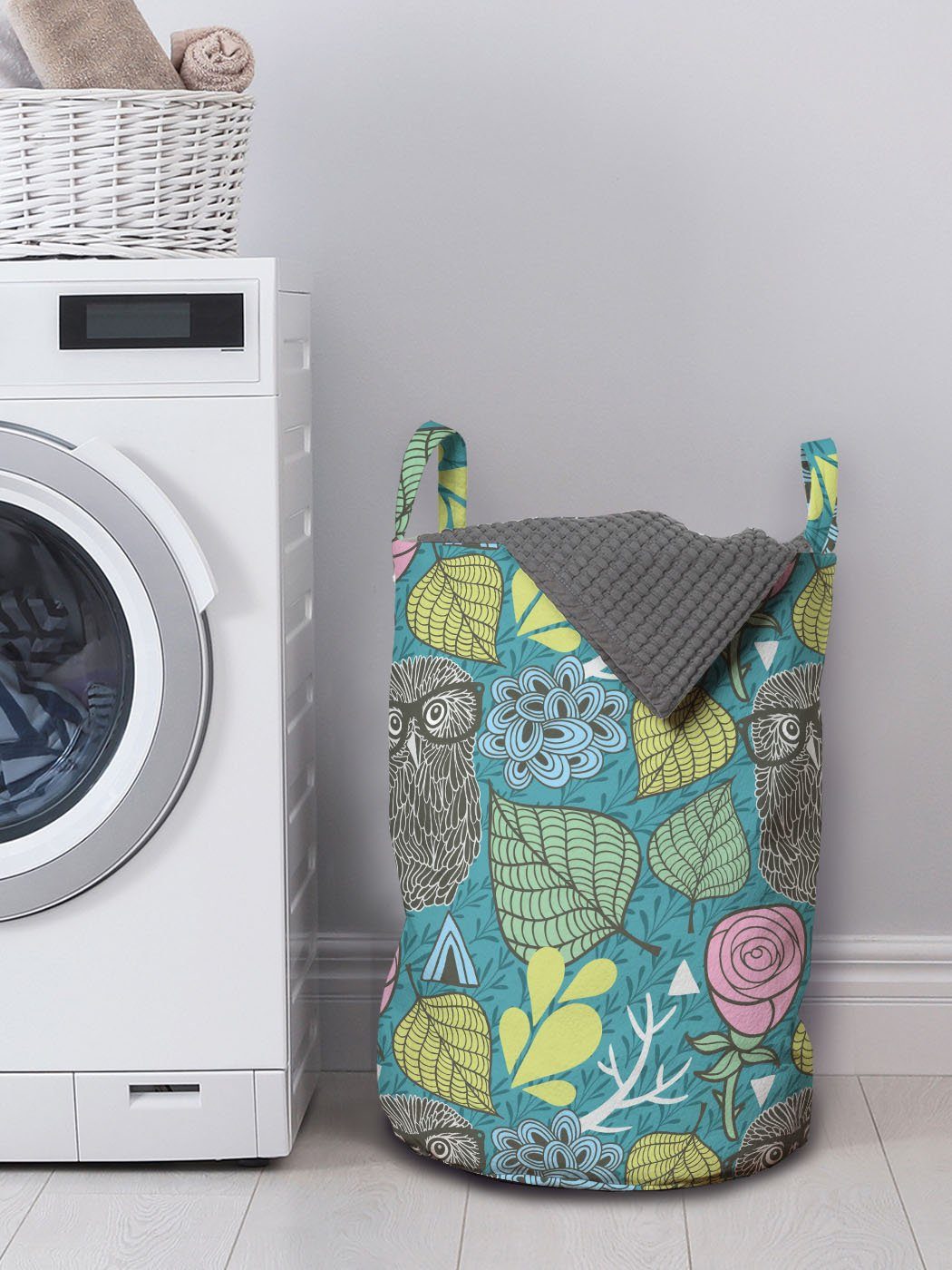 Abakuhaus Wäschesäckchen Wäschekorb mit Griffen Tier Kordelzugverschluss Eule Wise Hipster für Vogel Waschsalons