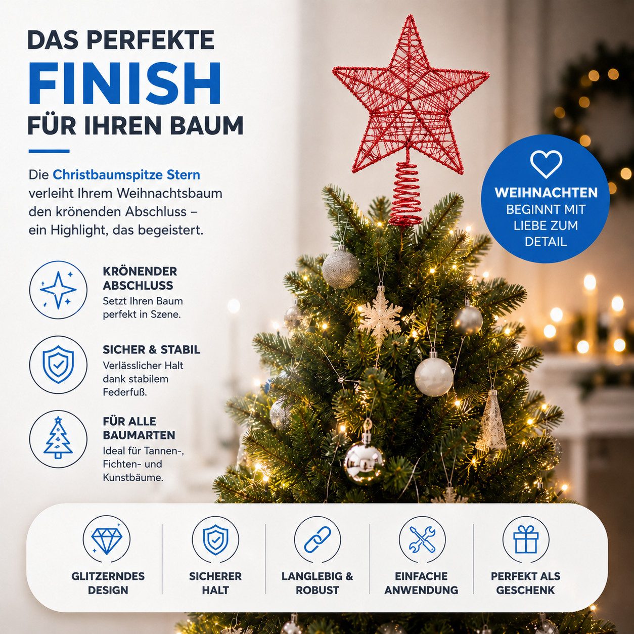 MerryXmas Christbaumspitze Christbaumspitze in Sternform zum Aufstecken, Gold, Silber oder Rot – Bild 4 von 5