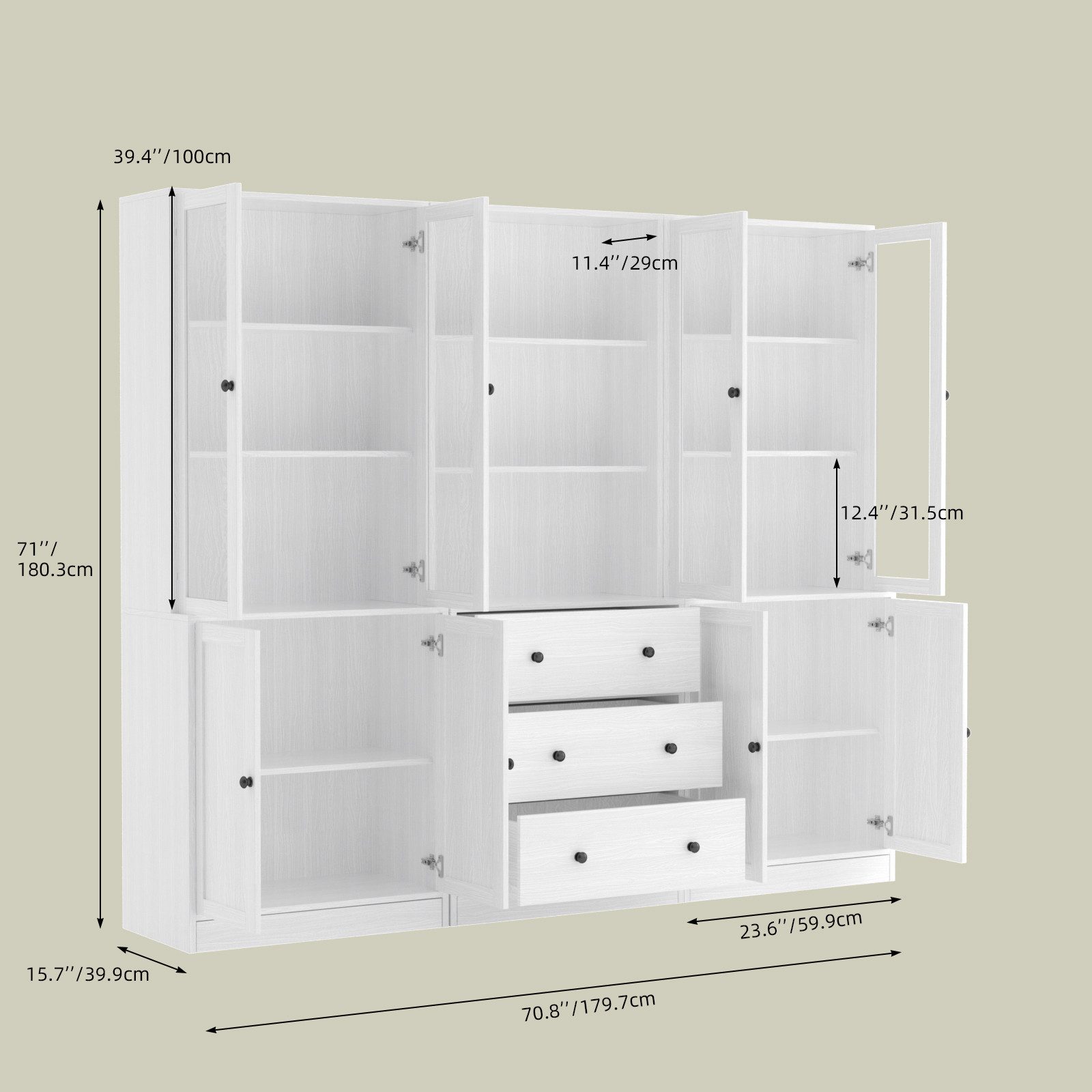 VOWNER Bücherregal 5-stöckiges Bücherregal mit Glastüren, 180 cm Vitrinenschrank, 3-tlg., multifunktionaler Küchenschrank Hochschrank & Buffetschrank