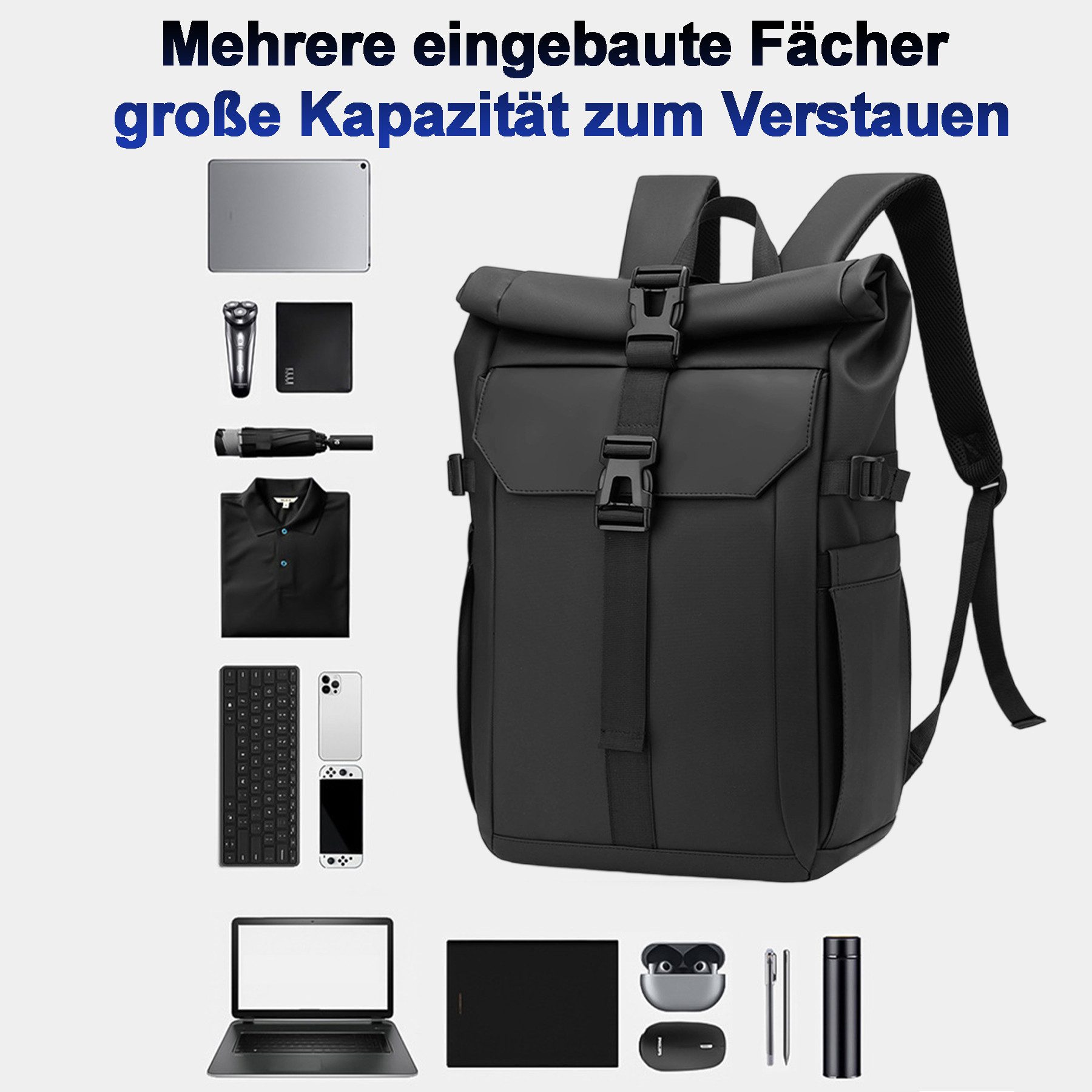Mutig Laptoprucksack Rolltop Rucksack für Damen und Herren, Wasserdicht (16 Zoll Laptop Rucksack, großer Reise Rucksack, Daypack, Backpack, Wanderrucksack für Uni, Arbeit, Fahrrad, Reisen und Wandern)