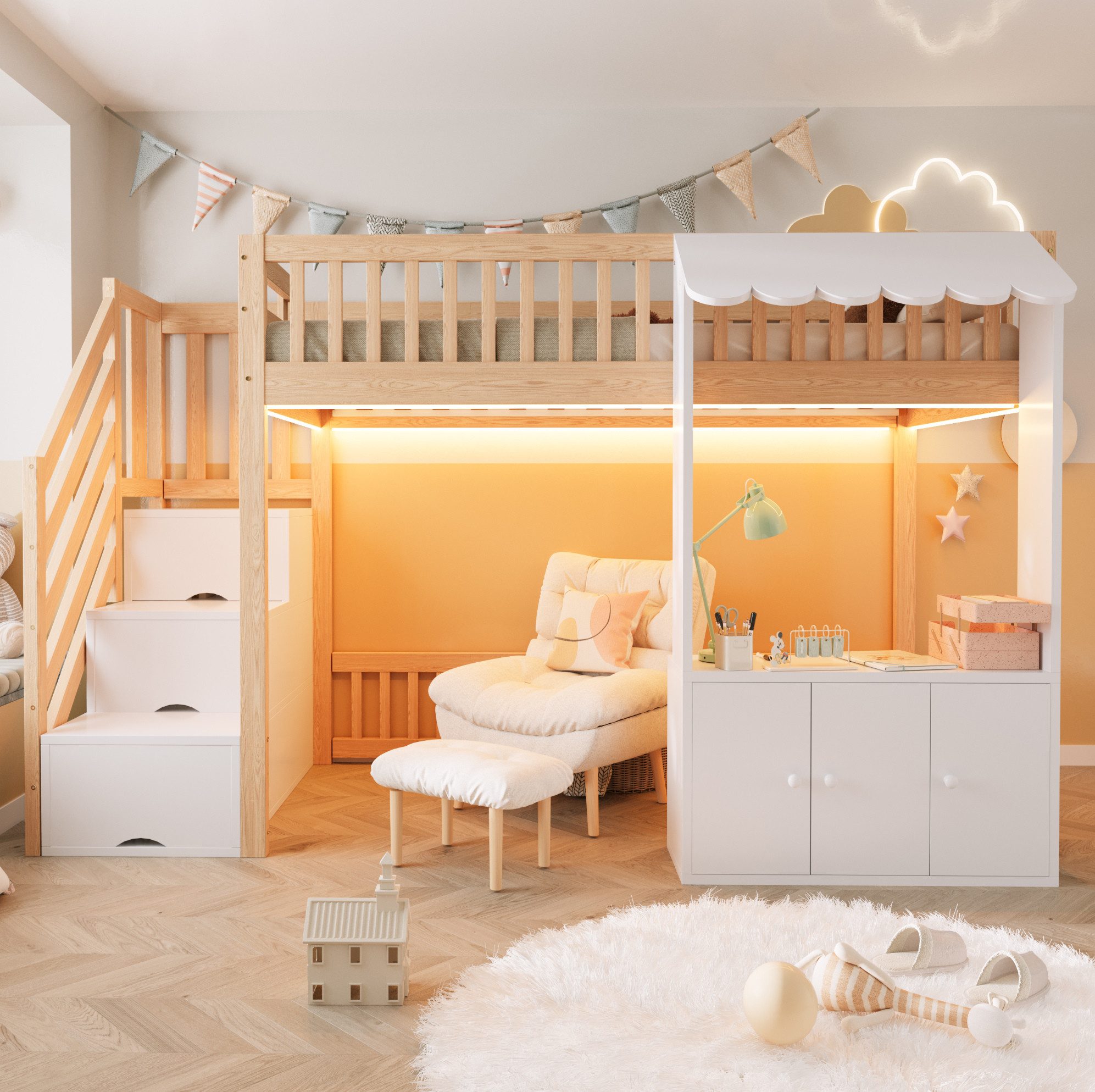 OKWISH Hochbett Jugendbett Funktionsbett (mit Stauraumtreppe, Stauraumschrank, mehrfarbiger LED-Lichtleiste und Traufendesign, inklusive Lattenrost, 90×200 cm) ohne Matratze