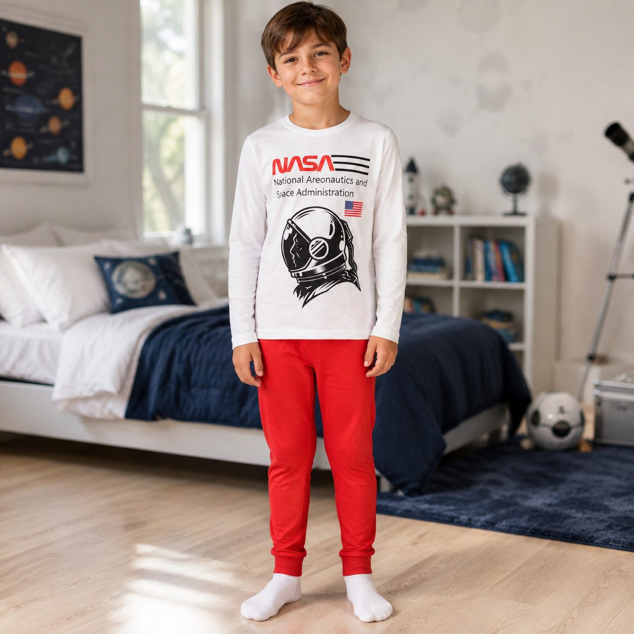 NASA Schlafanzug NASA Space Center Jugend Jungen langarm Pyjama Gr. 134 bis 164, 100% Baumwolle
